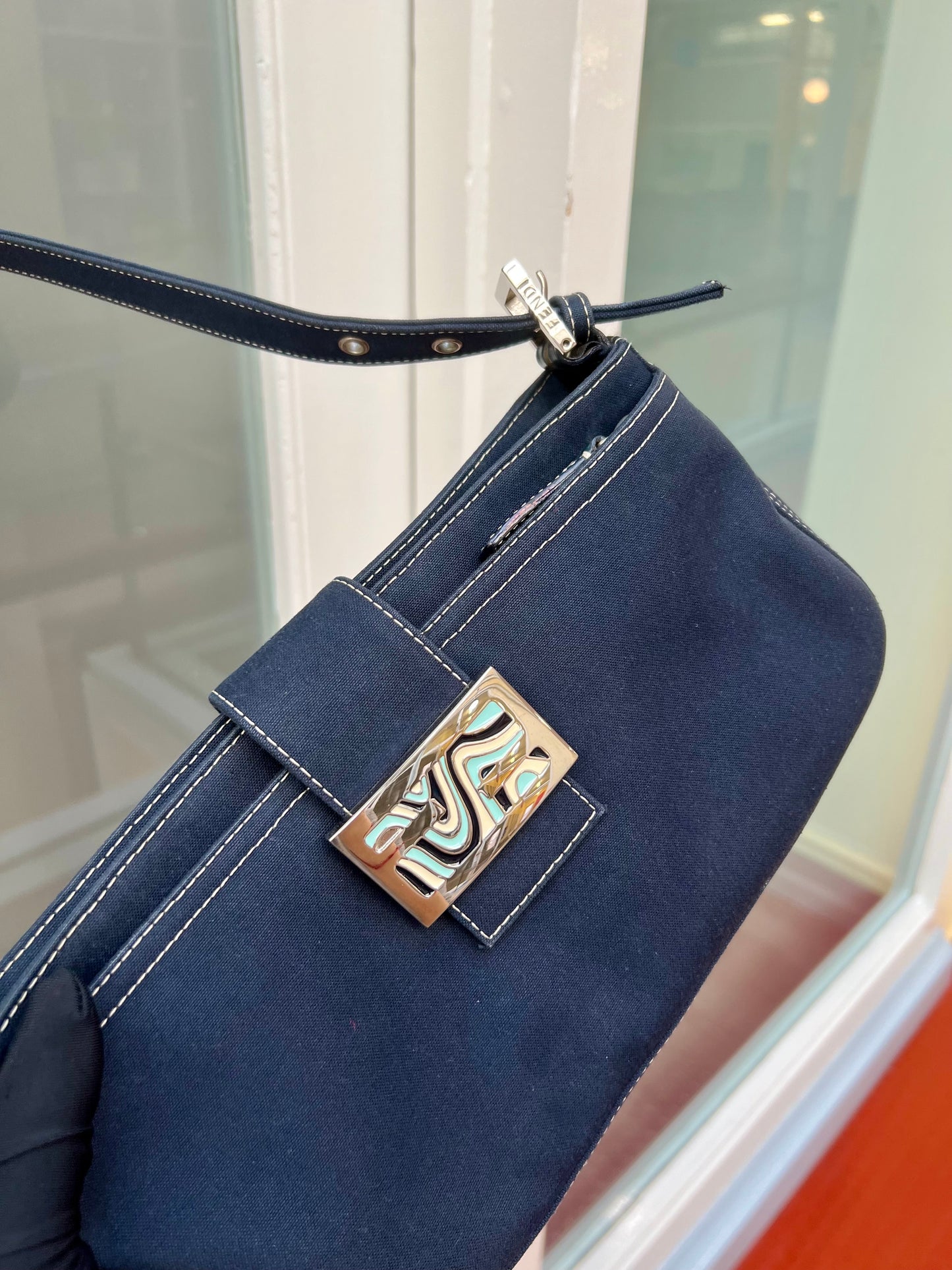 Pre- loved Fendi FF Denim Baguette Shoulder Bag Navy