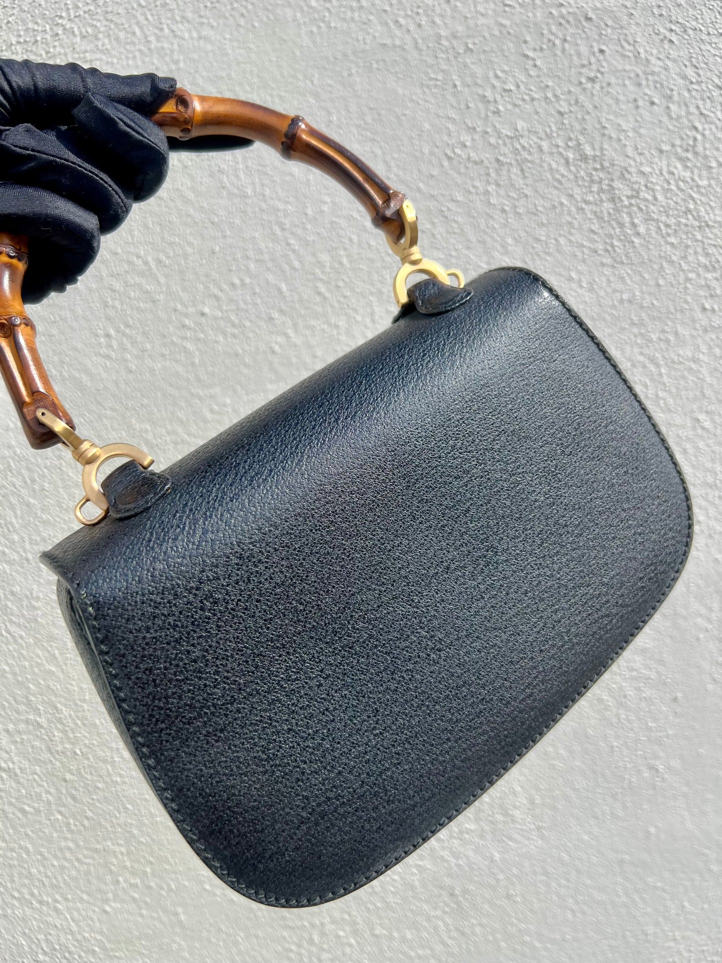 Pre-loved Vintage Gucci Black Leather Bamboo Night 1947 Top Handle Bag 20th Century