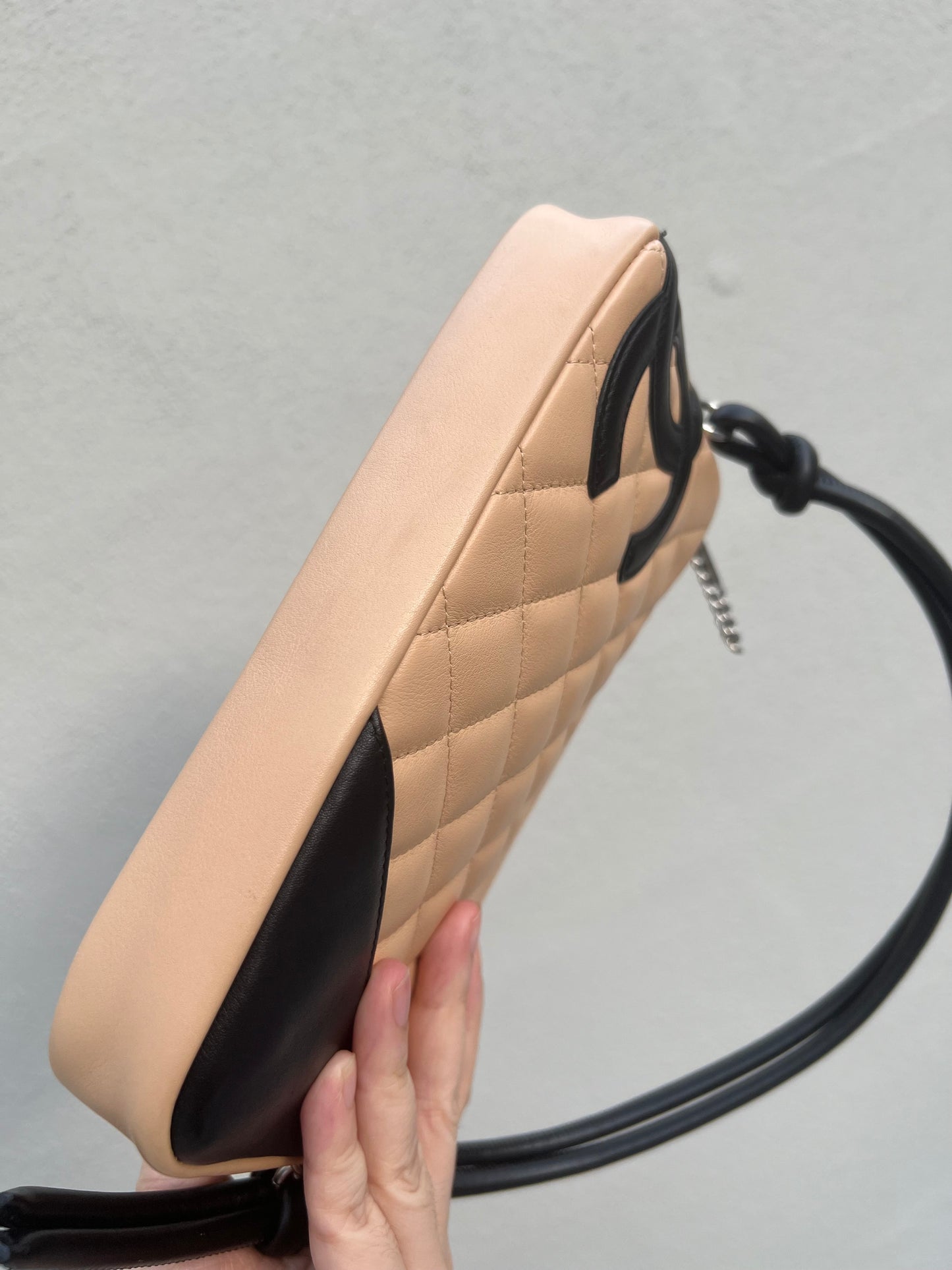 Pre-loved Chanel Beige & Black Quilted Lambskin Cambon Shoulder Pochette