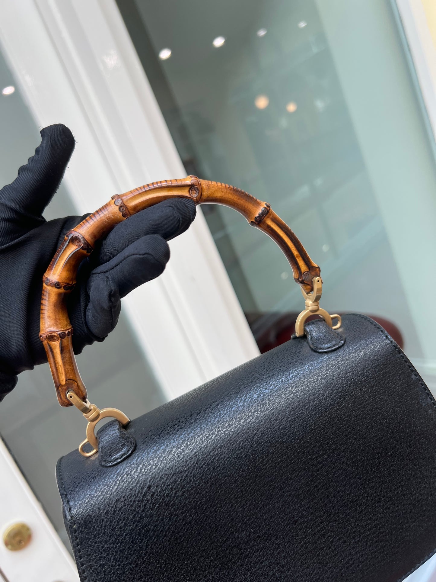 Pre-loved Vintage Gucci Black Leather Bamboo Night 1947 Top Handle Bag 20th Century