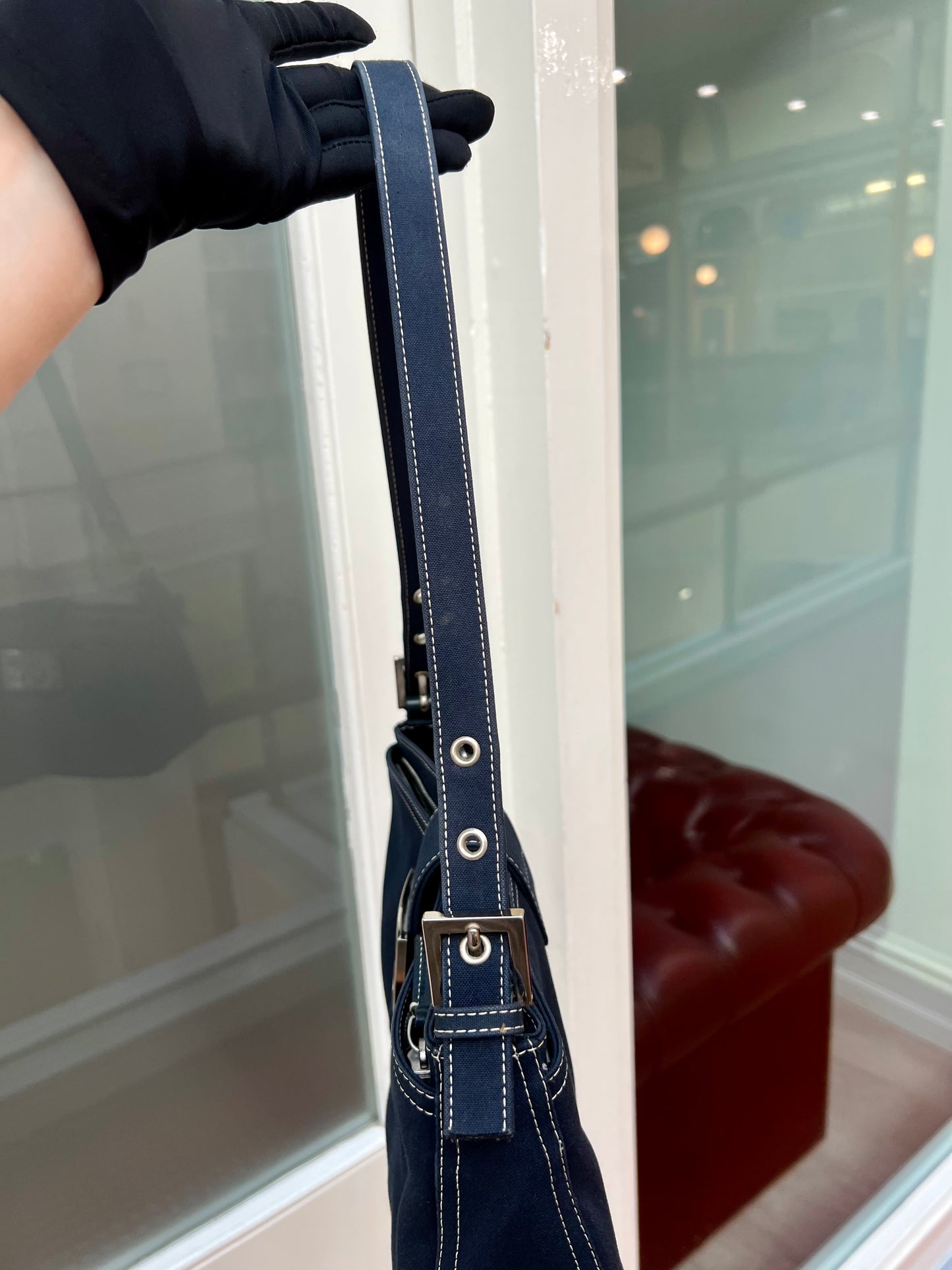Pre- loved Fendi FF Denim Baguette Shoulder Bag Navy