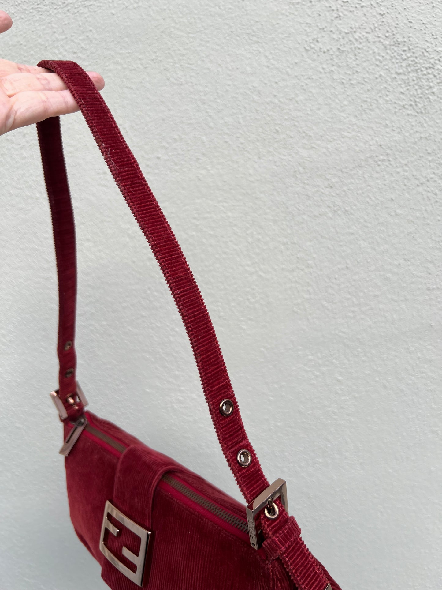 Pre-loved Fendi Red Corduroy Top-zip Baguette Shoulder Bag