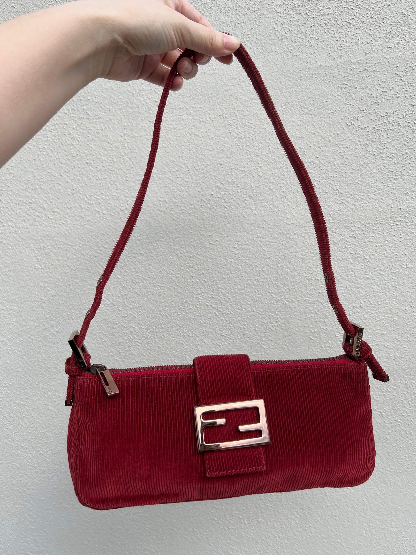 Pre-loved Fendi Red Corduroy Top-zip Baguette Shoulder Bag