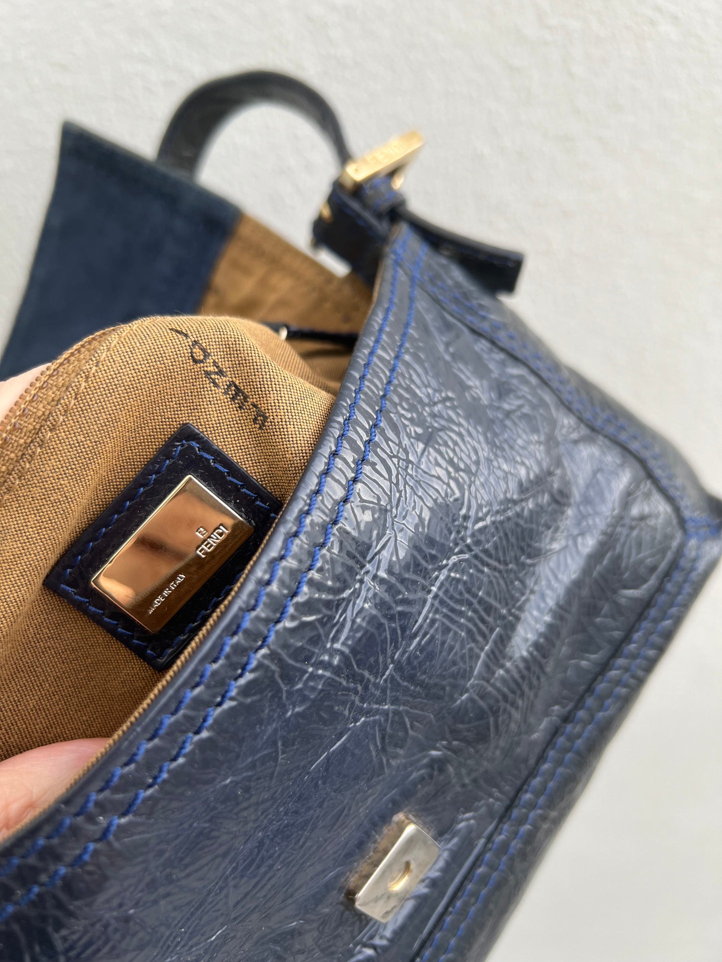 Pre-loved Fendi 3way Patent Leather Baguette Bag Navy Blue