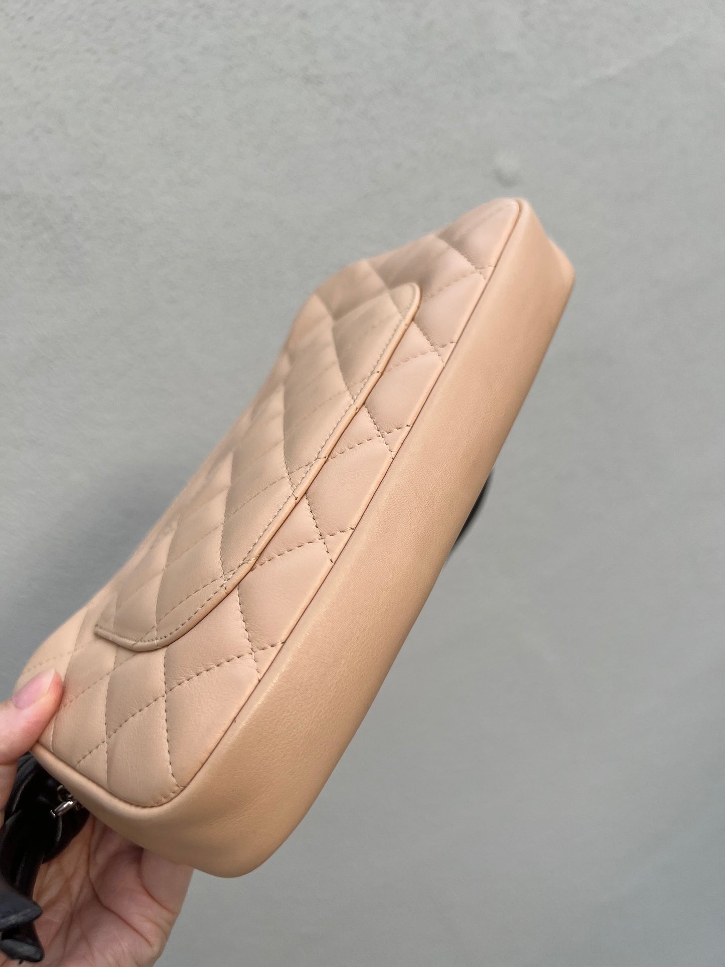 Pre-loved Chanel Beige & Black Quilted Lambskin Cambon Shoulder Pochette