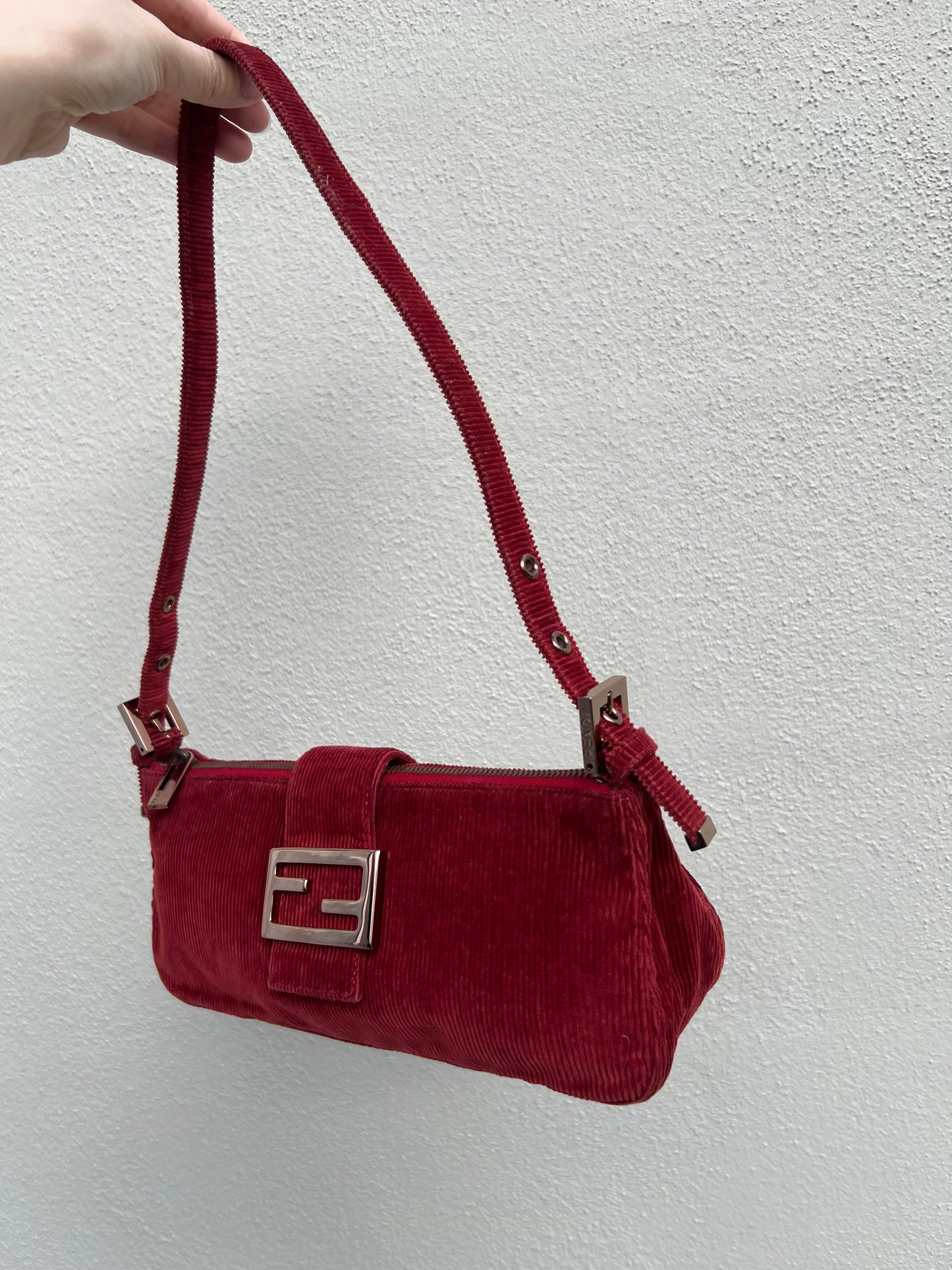 Pre-loved Fendi Red Corduroy Top-zip Baguette Shoulder Bag