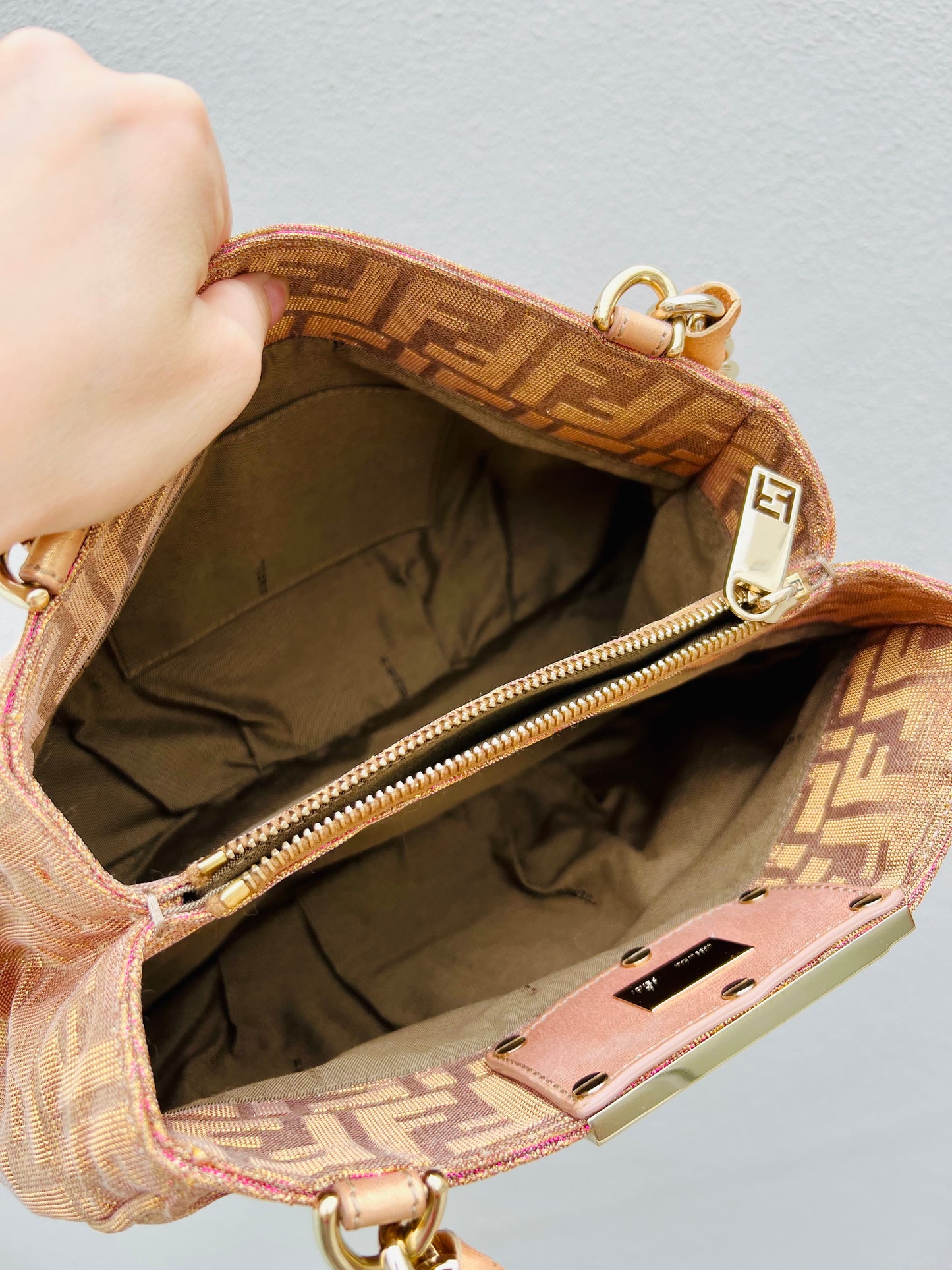 Pre-loved Fendi Metallic FF Zucca Small Mia Gold-tone Tote Handbag