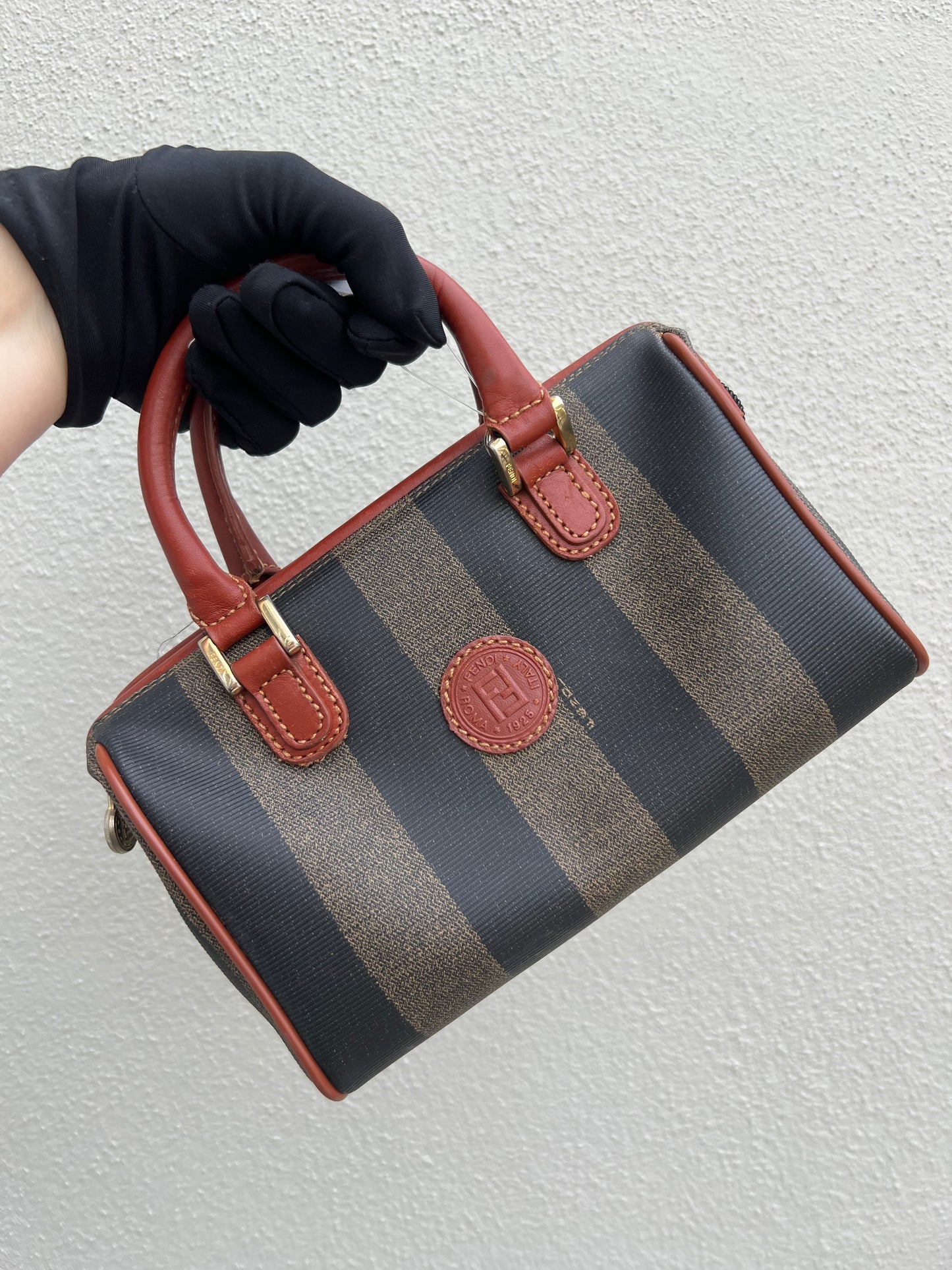 Pre-loved Fendi Pecan Handbag Mini Boston Bag Leather Black Beige Brown