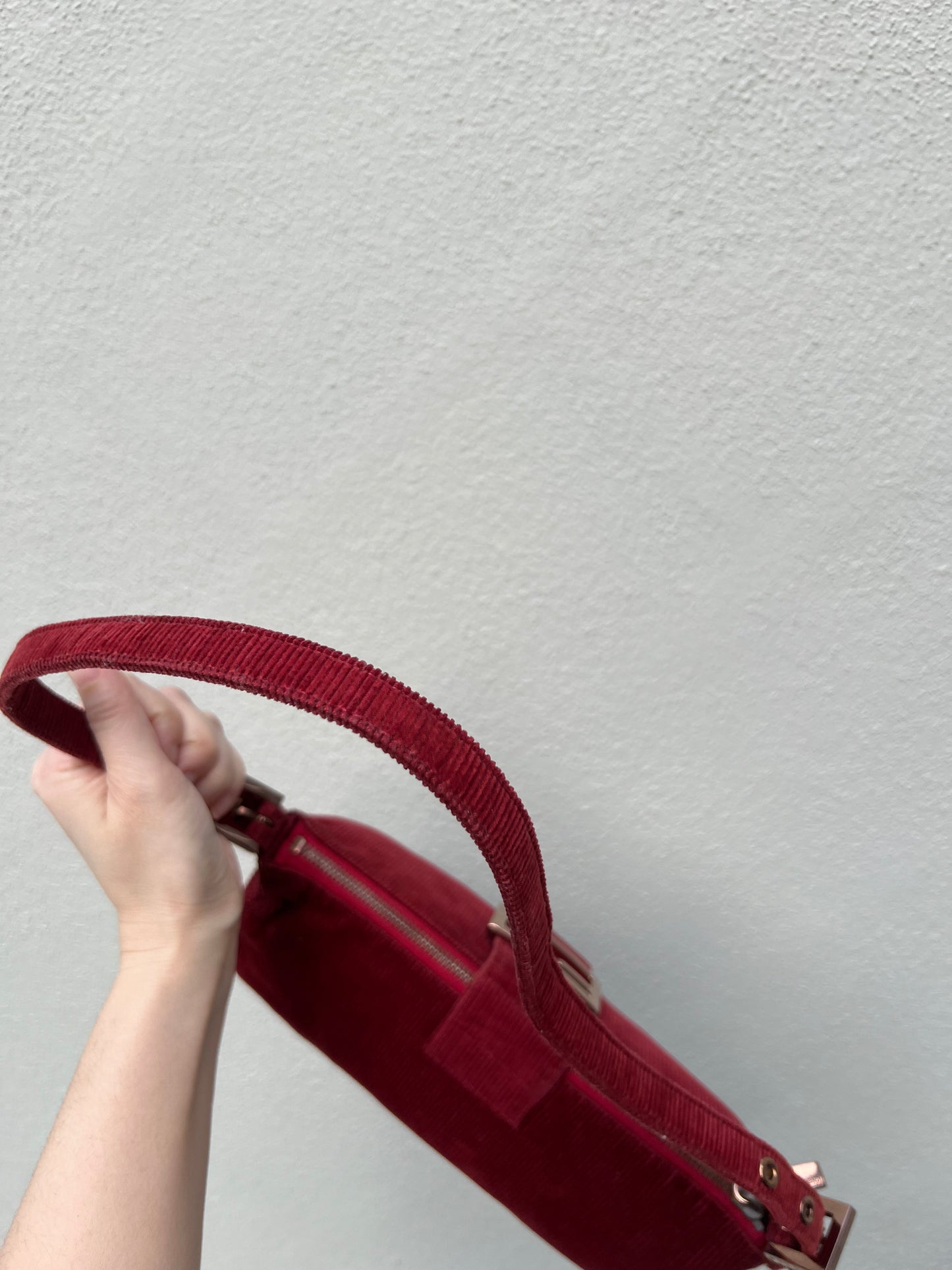 Pre-loved Fendi Red Corduroy Top-zip Baguette Shoulder Bag