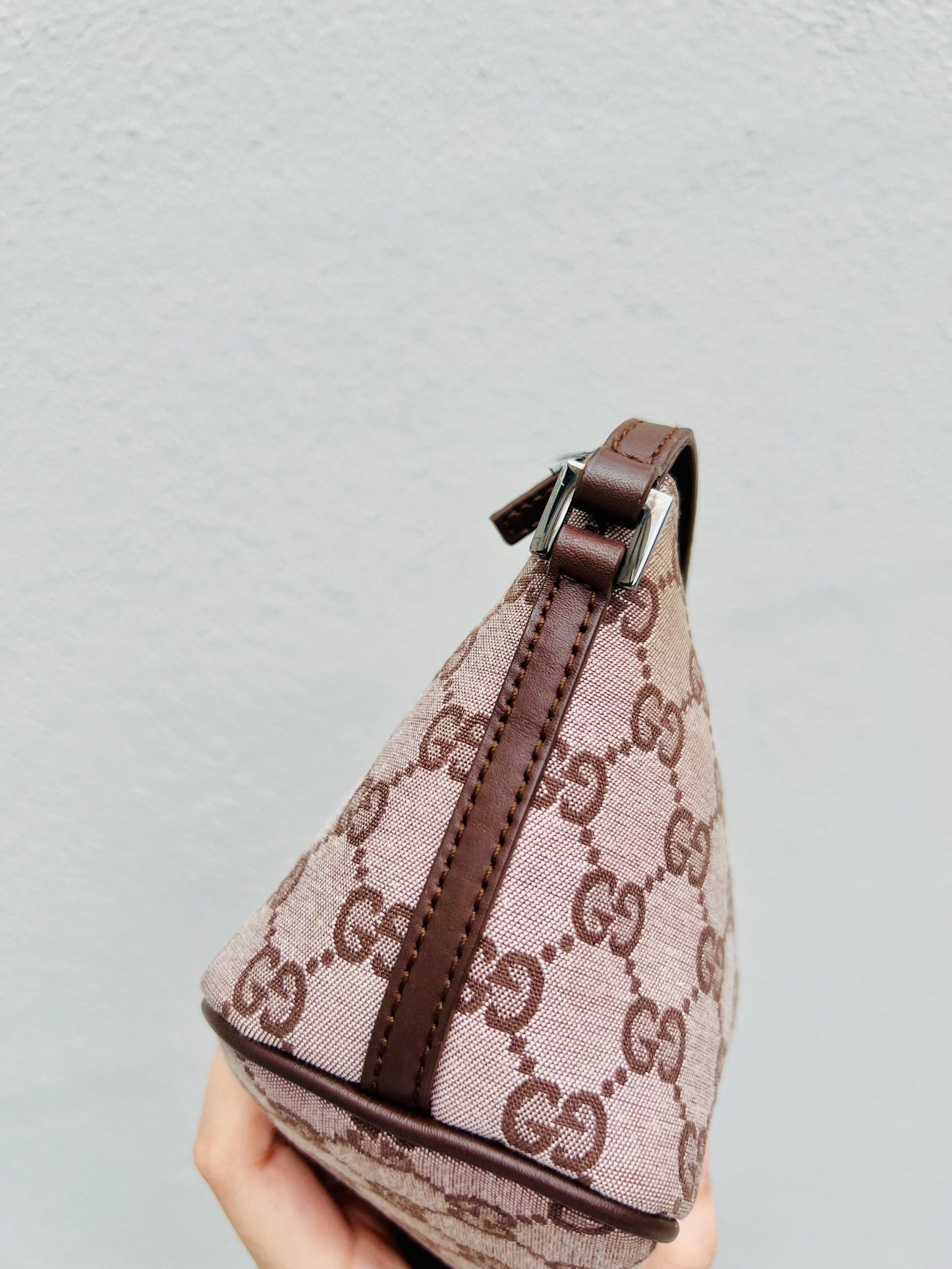 Pre-loved Gucci vintage GG Canvas Boat Baguette Bag Brown