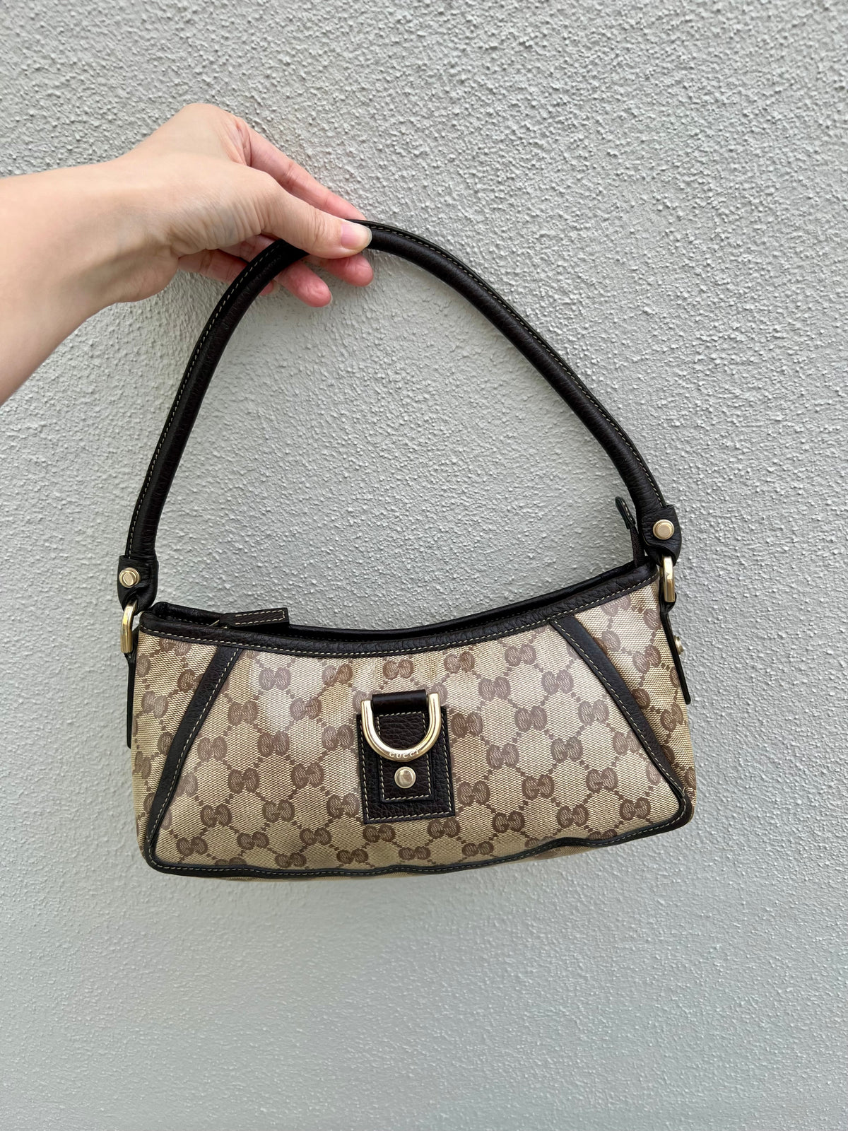 Pre-loved Gucci Crystal Coating GG Canvas Abbey Demi Hobo D-Ring Pochette