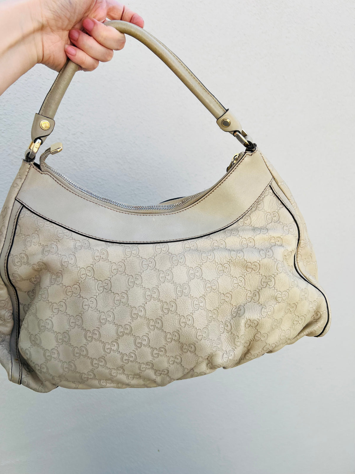 Pre-loved Gucci Abbey D-ring Guccissima Large Leather Hobo Bag Off White GHW