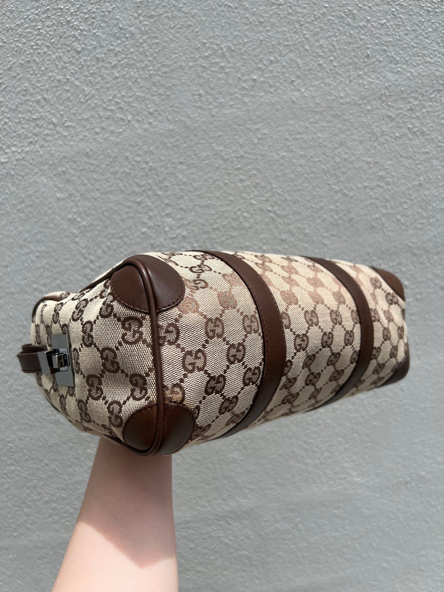 Pre- loved Gucci Beige/Brown GG Canvas and Leather Boston Bag