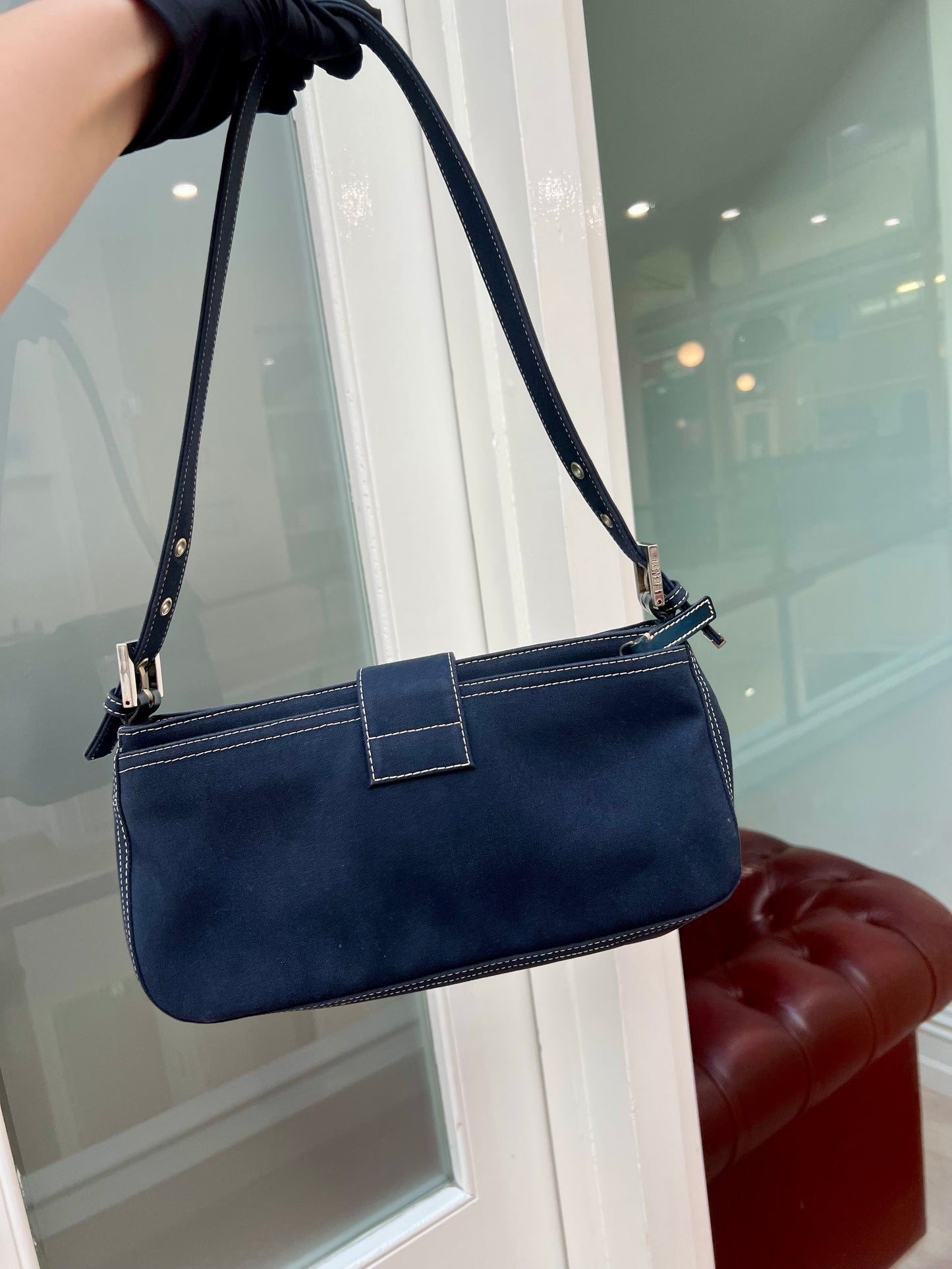 Pre- loved Fendi FF Denim Baguette Shoulder Bag Navy