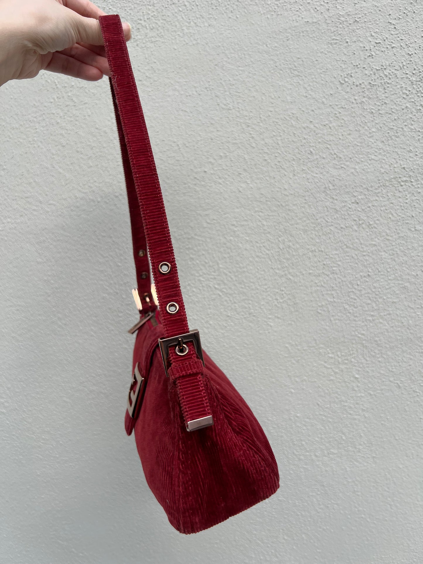 Pre-loved Fendi Red Corduroy Top-zip Baguette Shoulder Bag