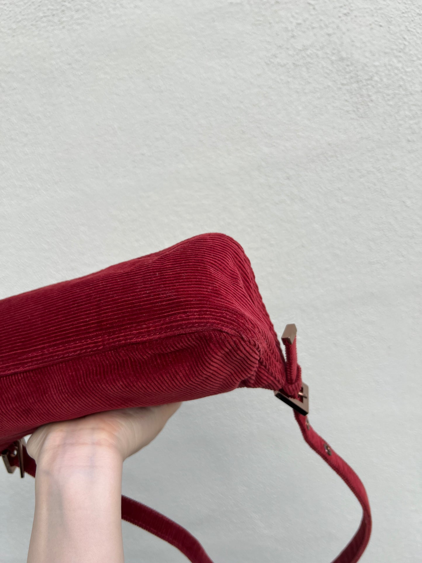 Pre-loved Fendi Red Corduroy Top-zip Baguette Shoulder Bag
