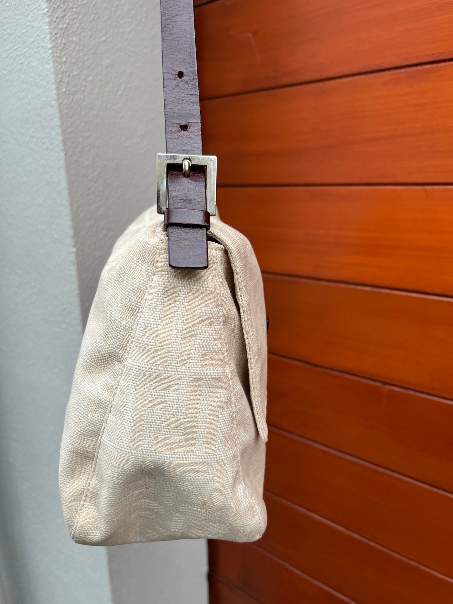 Pre-loved Fendi Zucca Canvas Mamma Baguette Shoulder Bag Beige