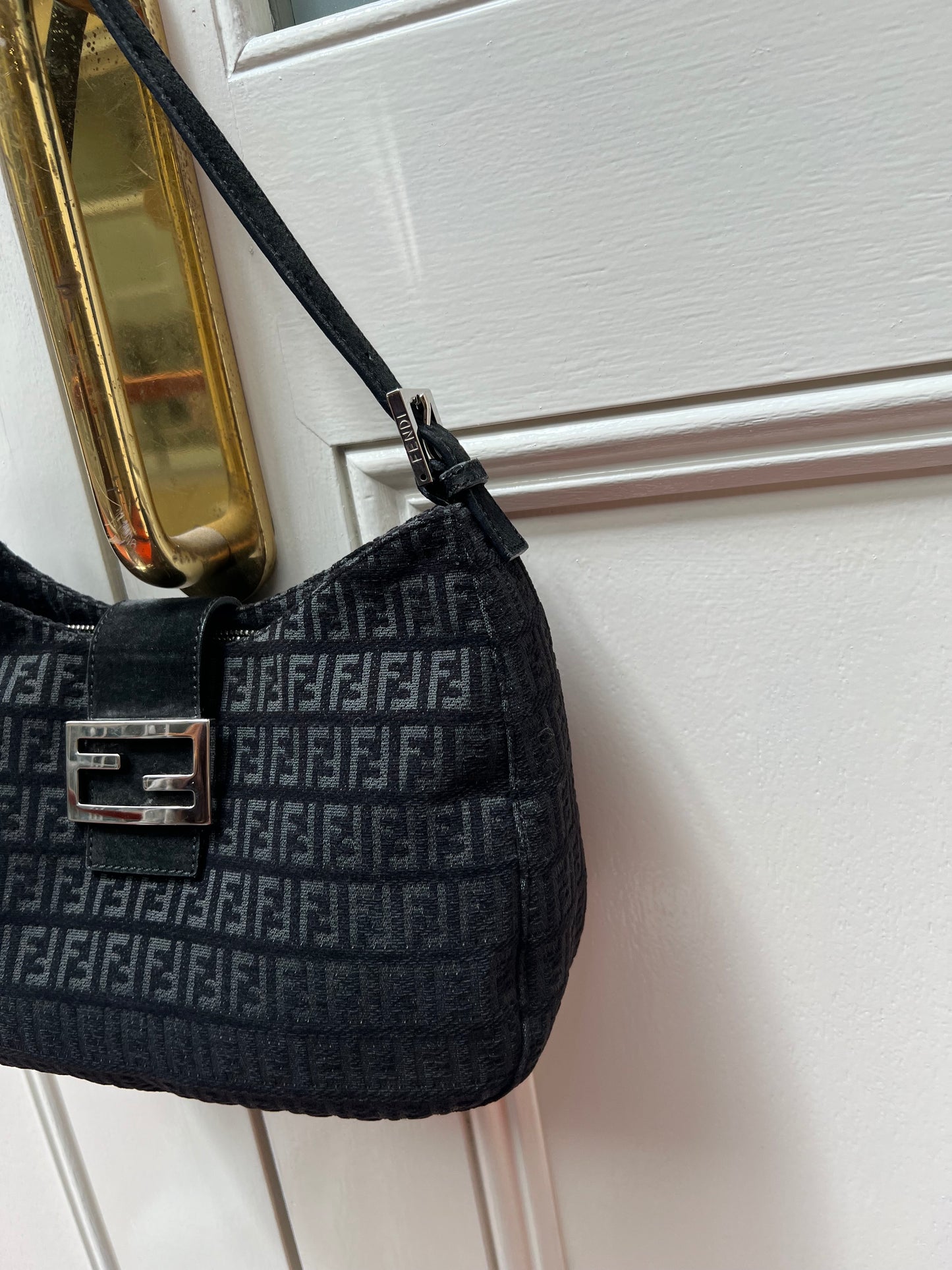 Pre-loved Fendi Velvet Zucchino Shoulder Bag Black