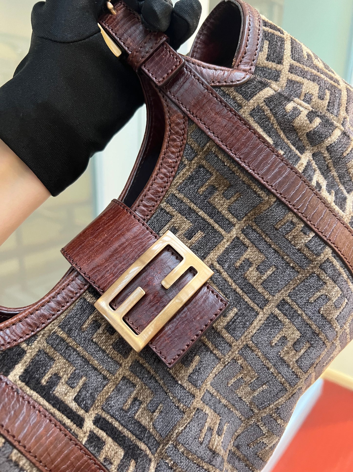 Pre-loved Fendi Velvet Zucca Shoulder Tote Bag