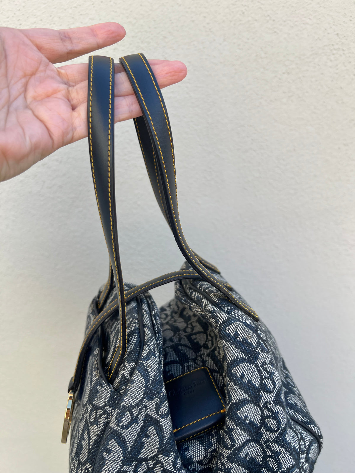 Pre-loved Christian Dior Navy Blue Logo Canvas Small Satchel Tote Bag