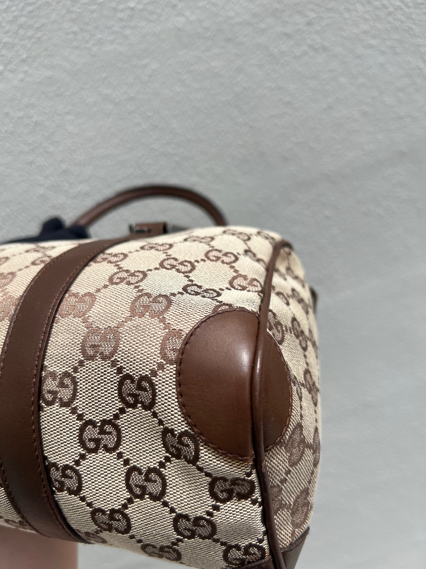 Pre- loved Gucci Beige/Brown GG Canvas and Leather Boston Bag