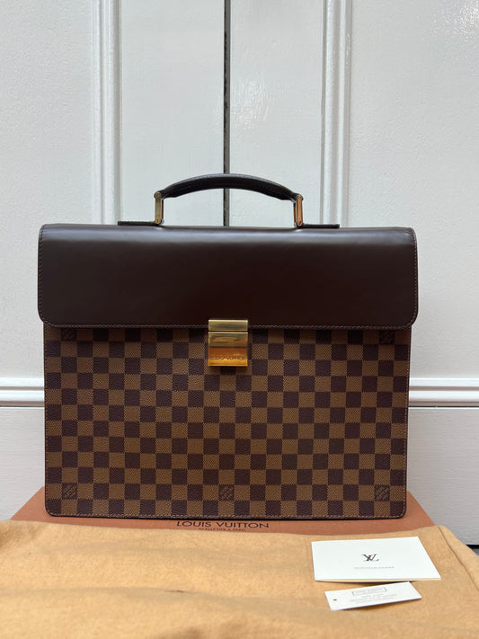 Pre-loved Louis Vuitton Altona Briefcase in brown checkerboard canvas and brown leather 2001