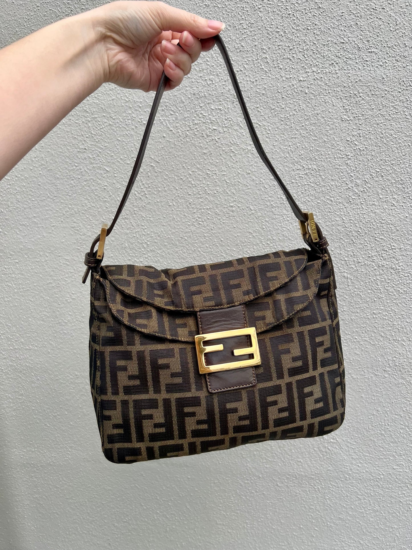 Pre-loved Fendi Zucca Double Flap Baguette Shoulder Bag