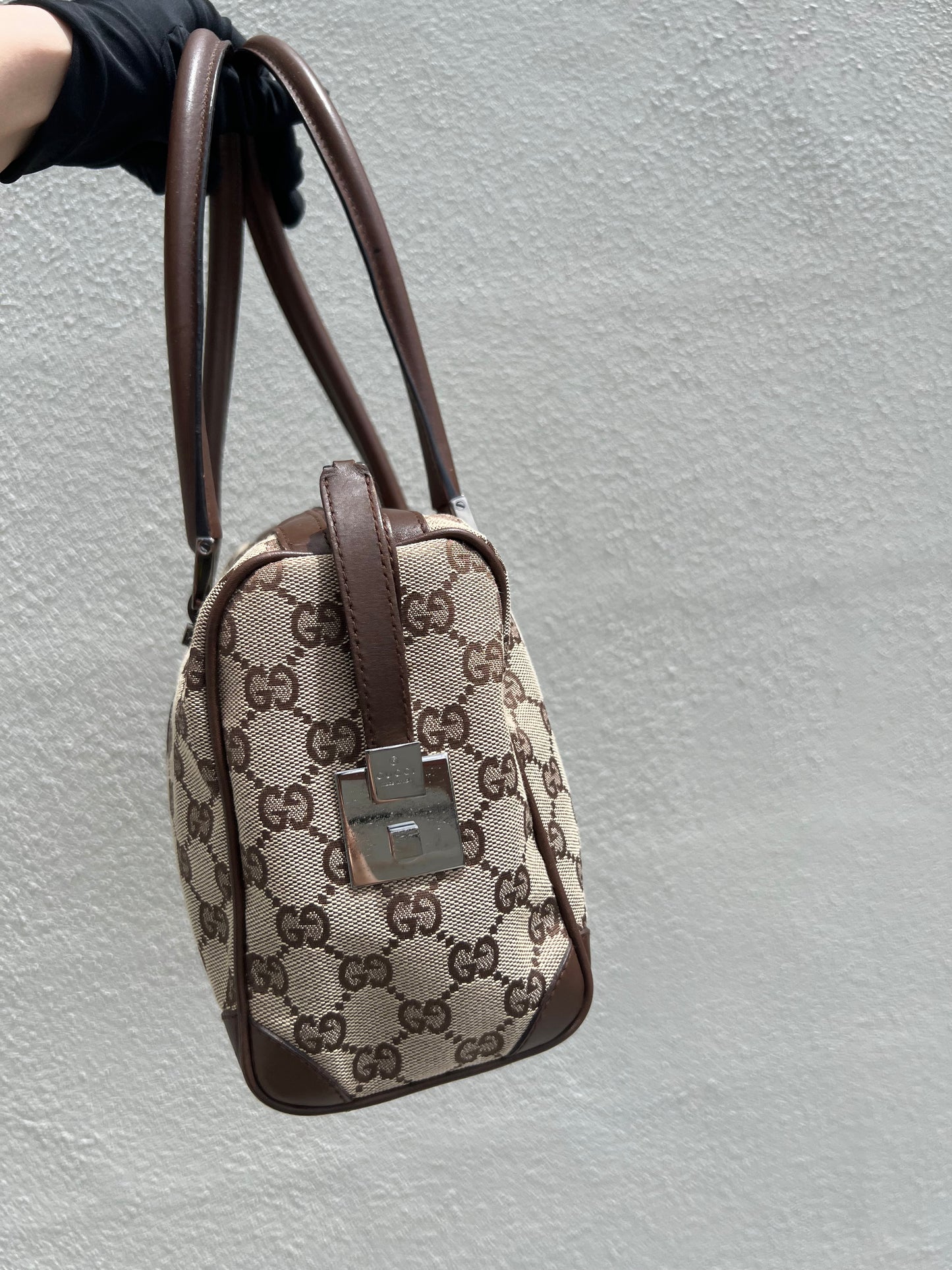 Pre- loved Gucci Beige/Brown GG Canvas and Leather Boston Bag