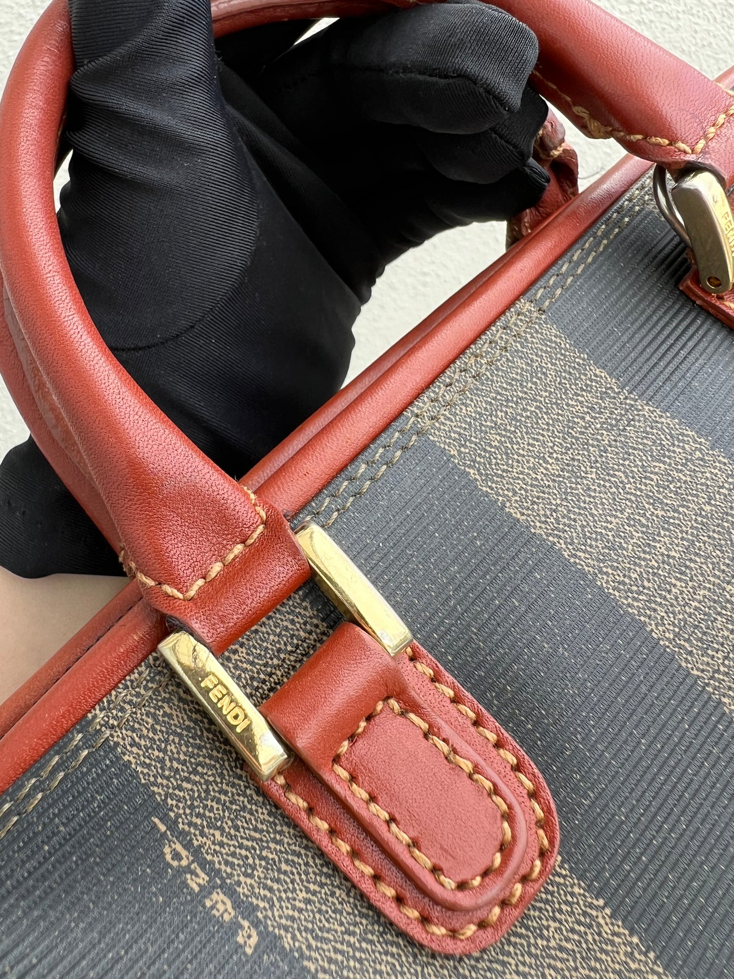 Pre-loved Fendi Pecan Handbag Mini Boston Bag Leather Black Beige Brown