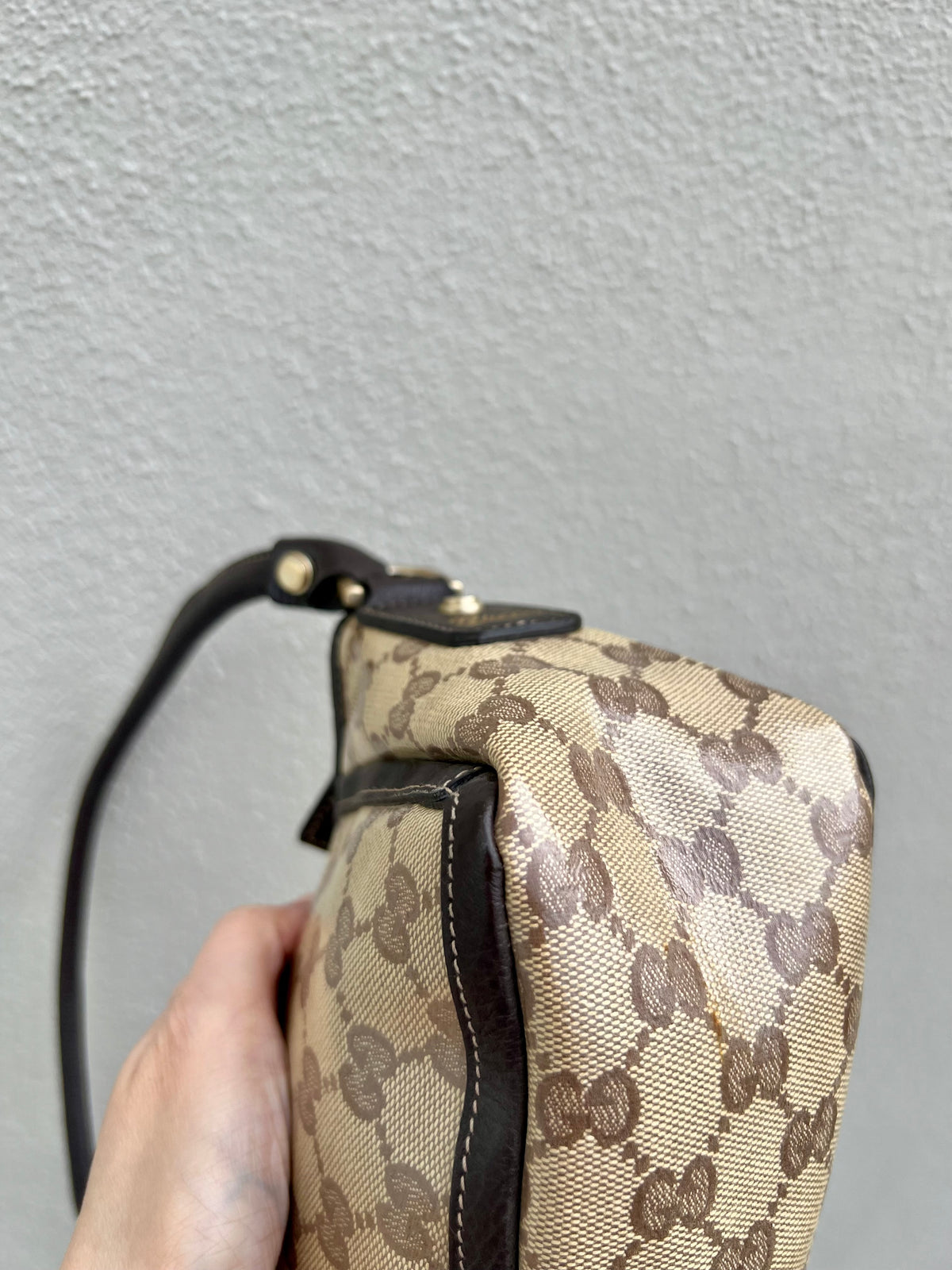 Pre-loved Gucci Crystal Coating GG Canvas Abbey Demi Hobo D-Ring Pochette