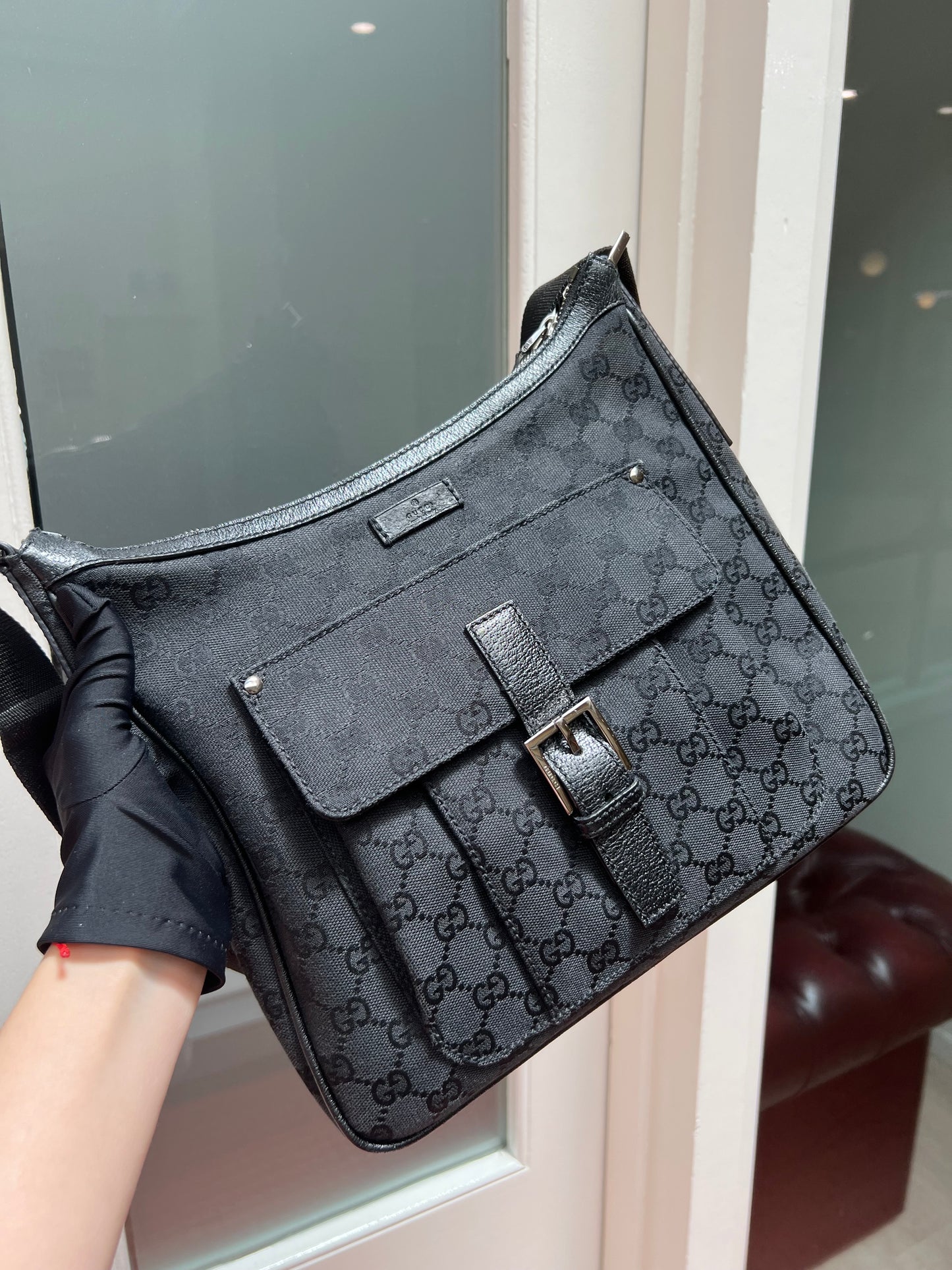 Pre-loved Gucci Black GG Canvas and Leather Crossbody Bag