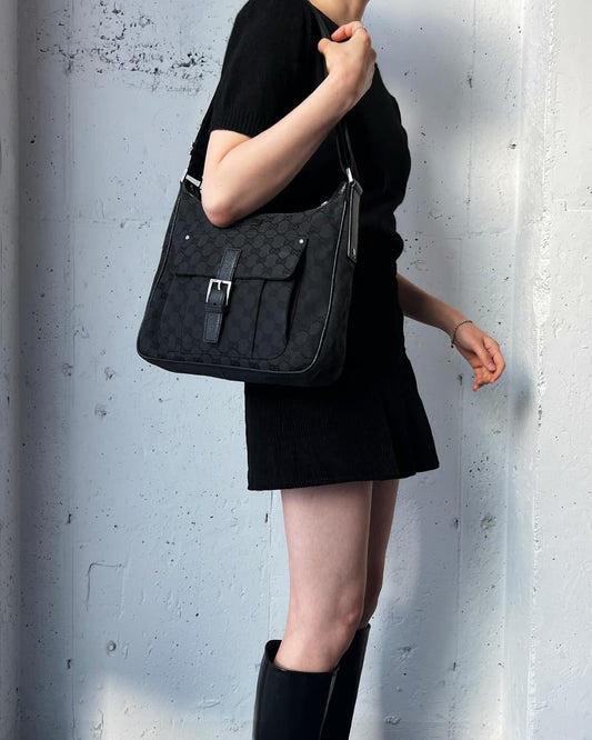 Pre-loved Gucci Black GG Canvas and Leather Crossbody Bag