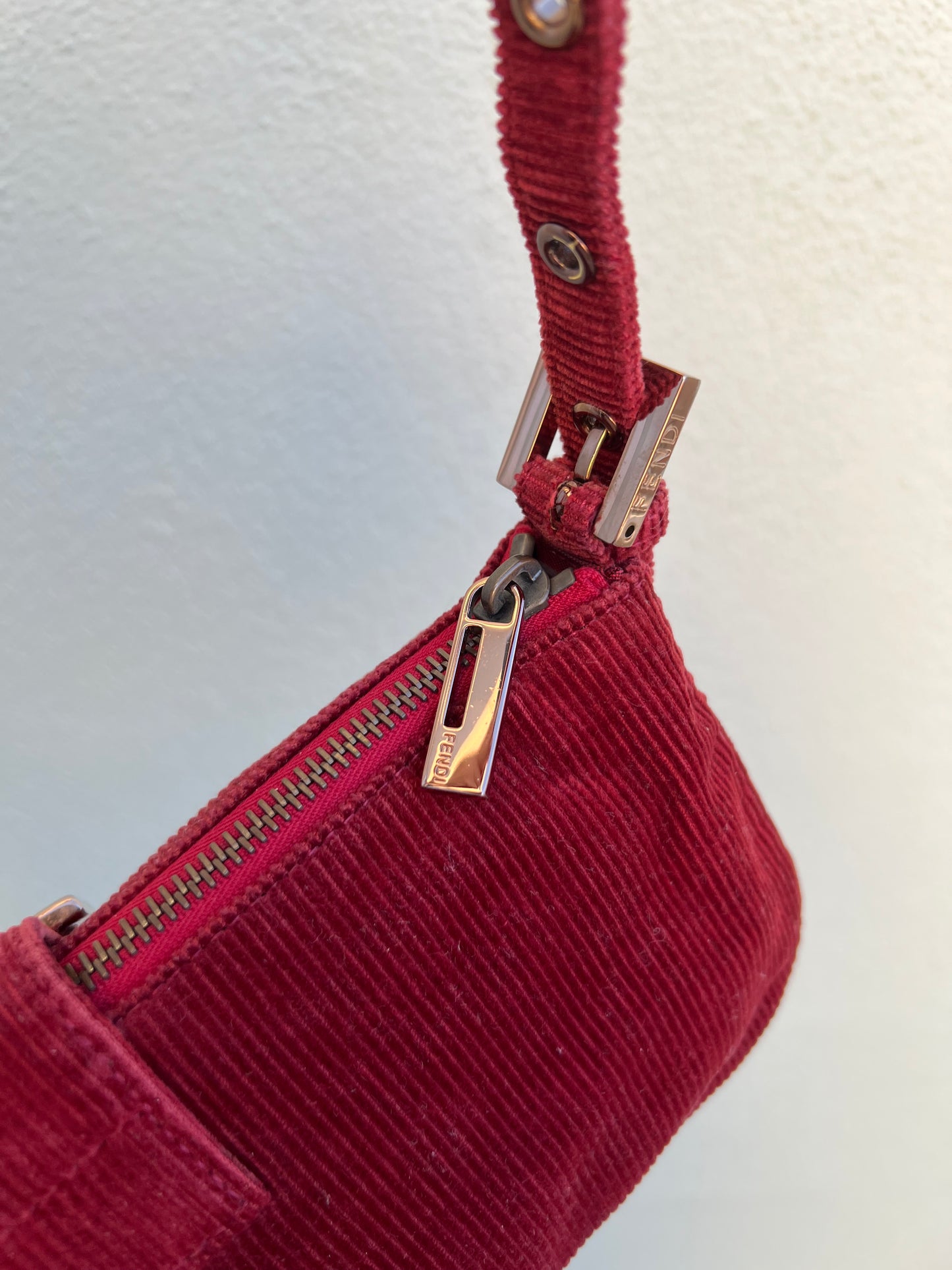 Pre-loved Fendi Red Corduroy Top-zip Baguette Shoulder Bag