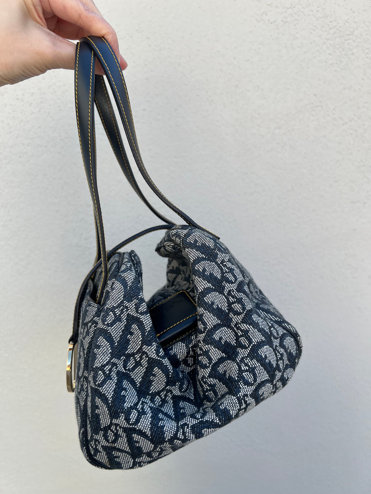 Pre-loved Christian Dior Navy Blue Logo Canvas Small Satchel Tote Bag