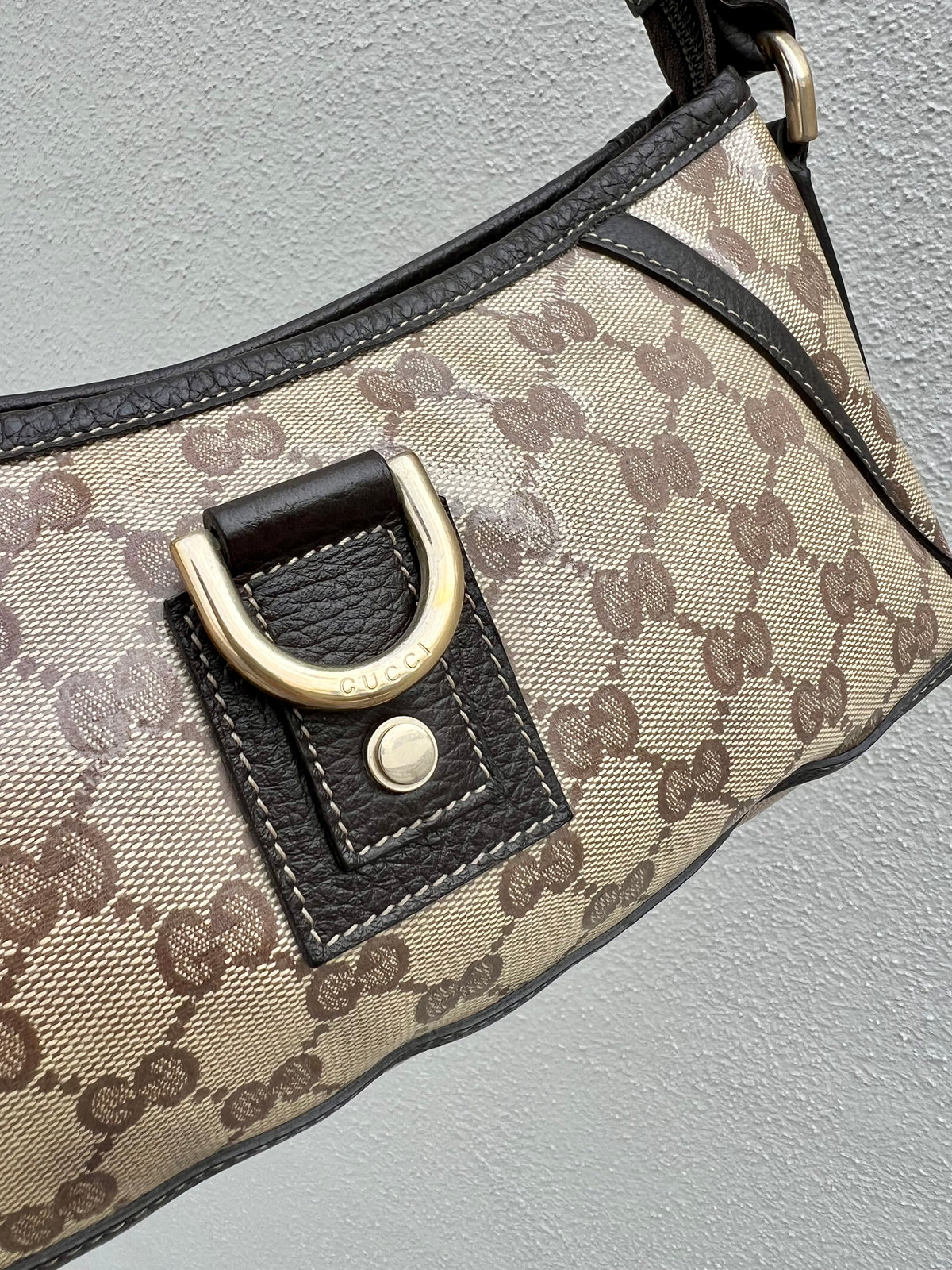 Pre-loved Gucci Crystal Coating GG Canvas Abbey Demi Hobo D-Ring Pochette
