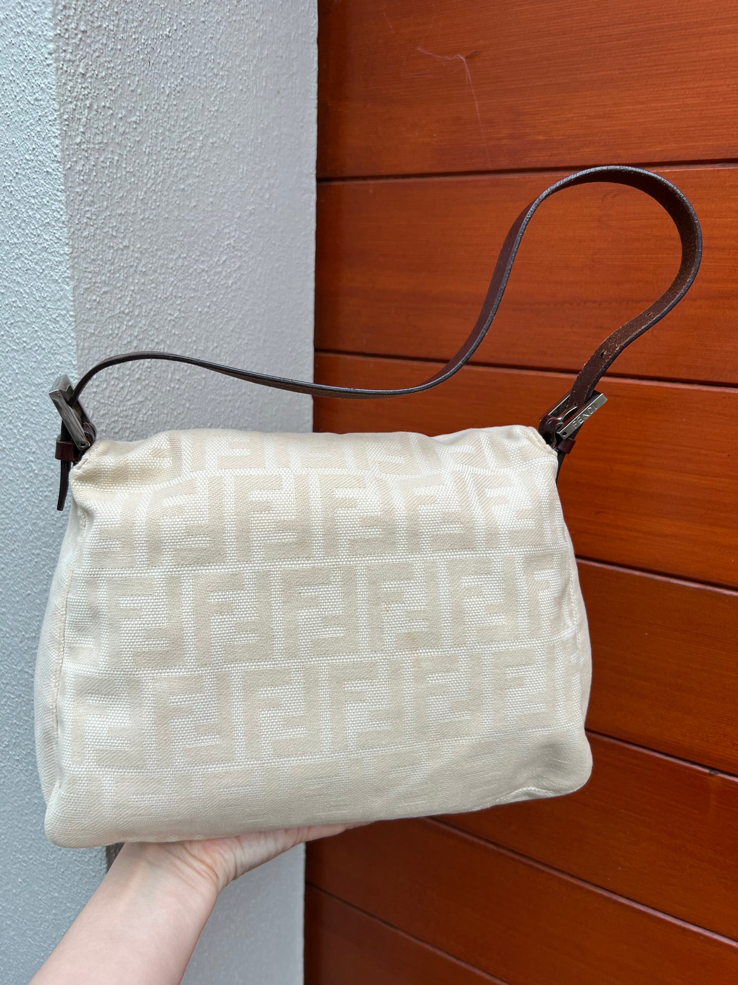 Pre-loved Fendi Zucca Canvas Mamma Baguette Shoulder Bag Beige