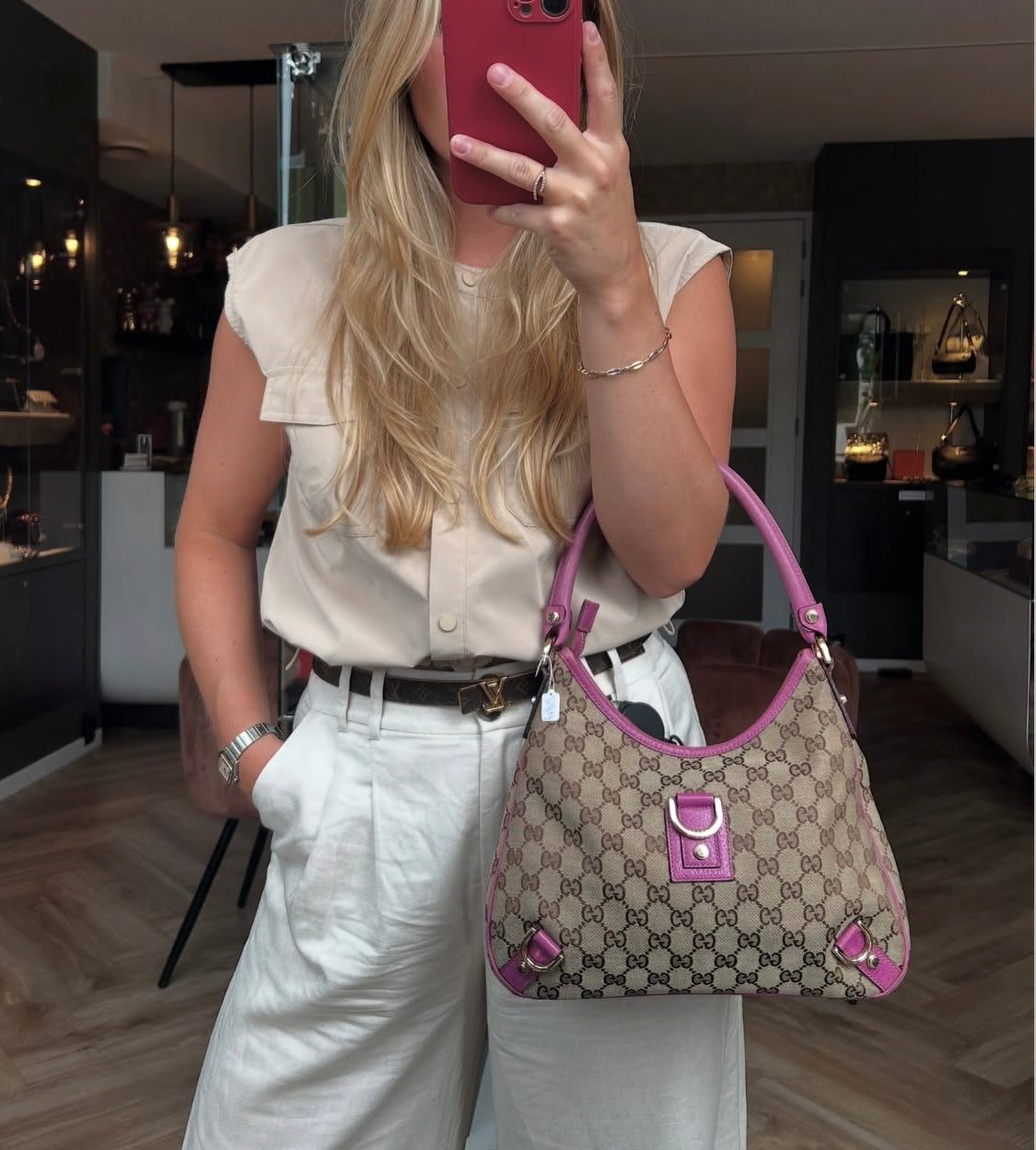 Pre-loved Gucci GG Fabric Abbey Medium D-Ring Hobo Bag