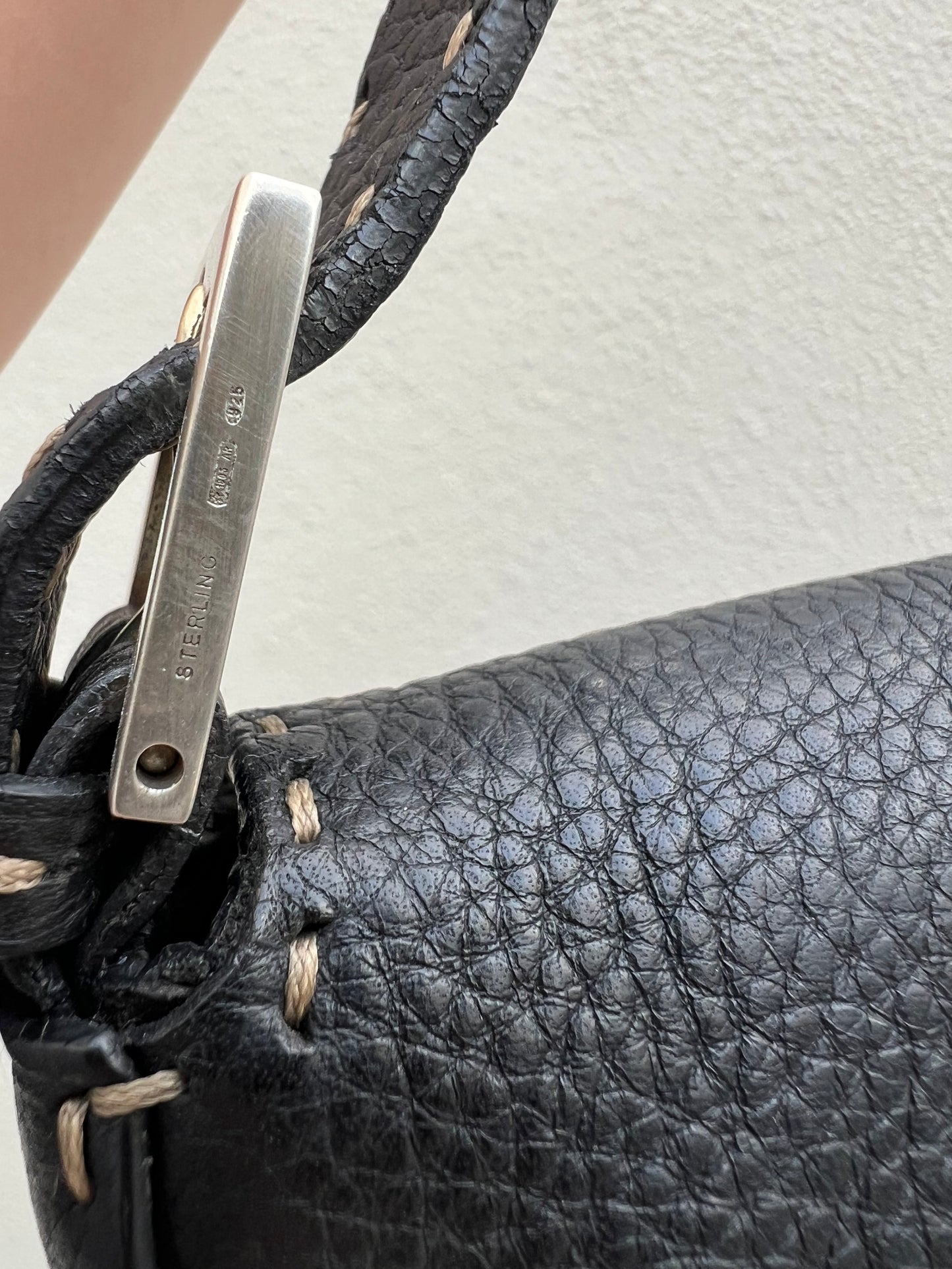 Pre-loved Fendi Baguette Black Cuoio Romano Leather Selleria with Sterling Silver Hardware