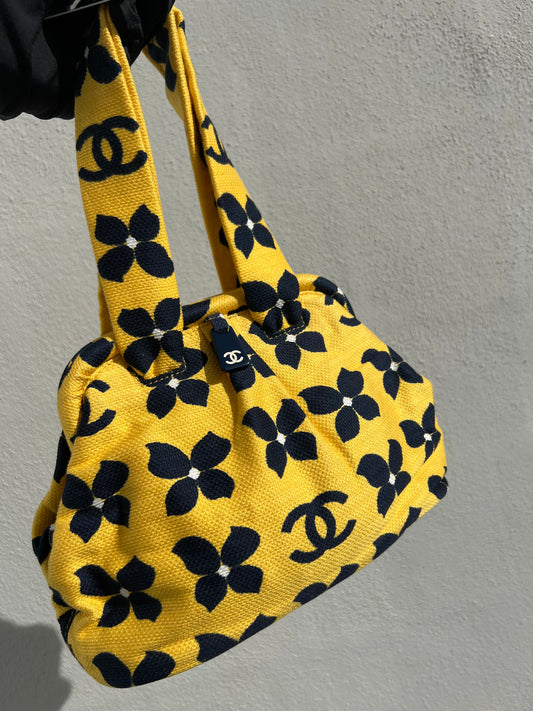 Pre-loved Vintage Chanel Printed CC Logo Framed Floral Bag Yellow 2002