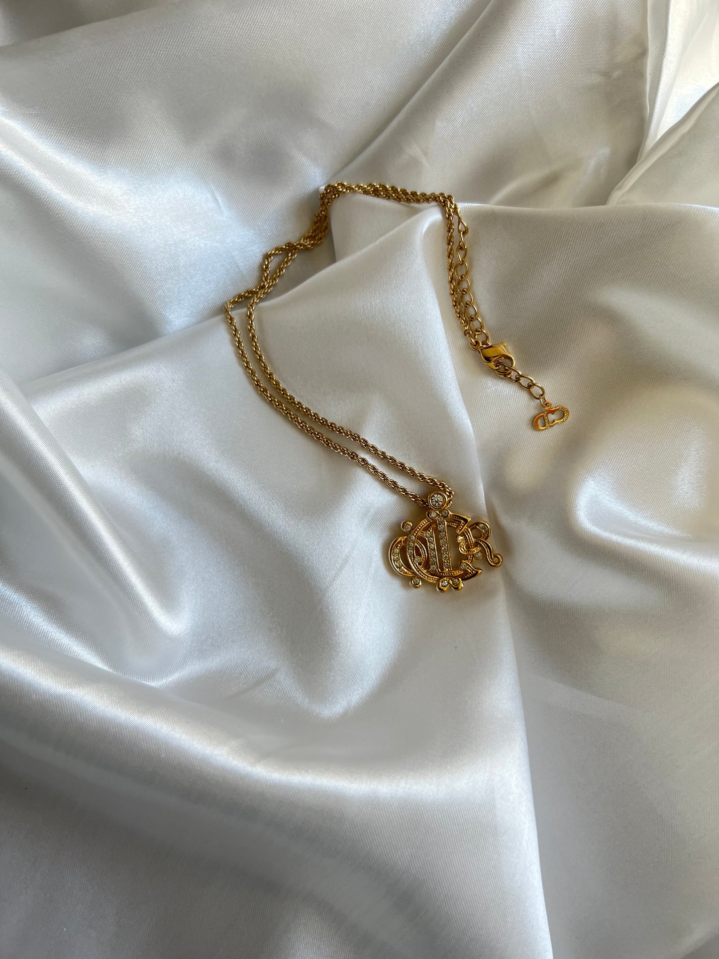 Pre-loved Christian Dior Emblem Logo Pendant Necklace Gold Plated Crystal Rhinestone