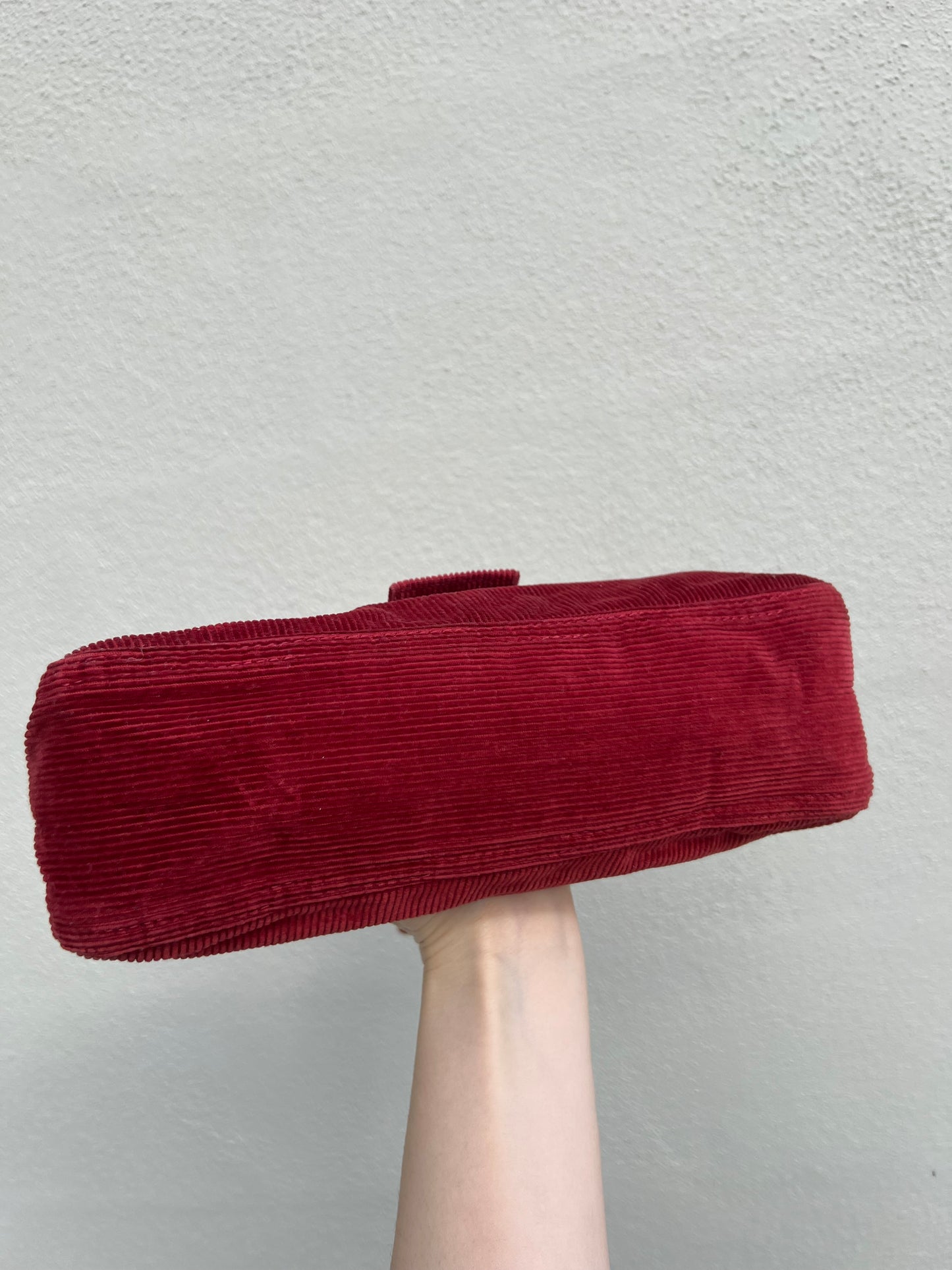 Pre-loved Fendi Red Corduroy Top-zip Baguette Shoulder Bag