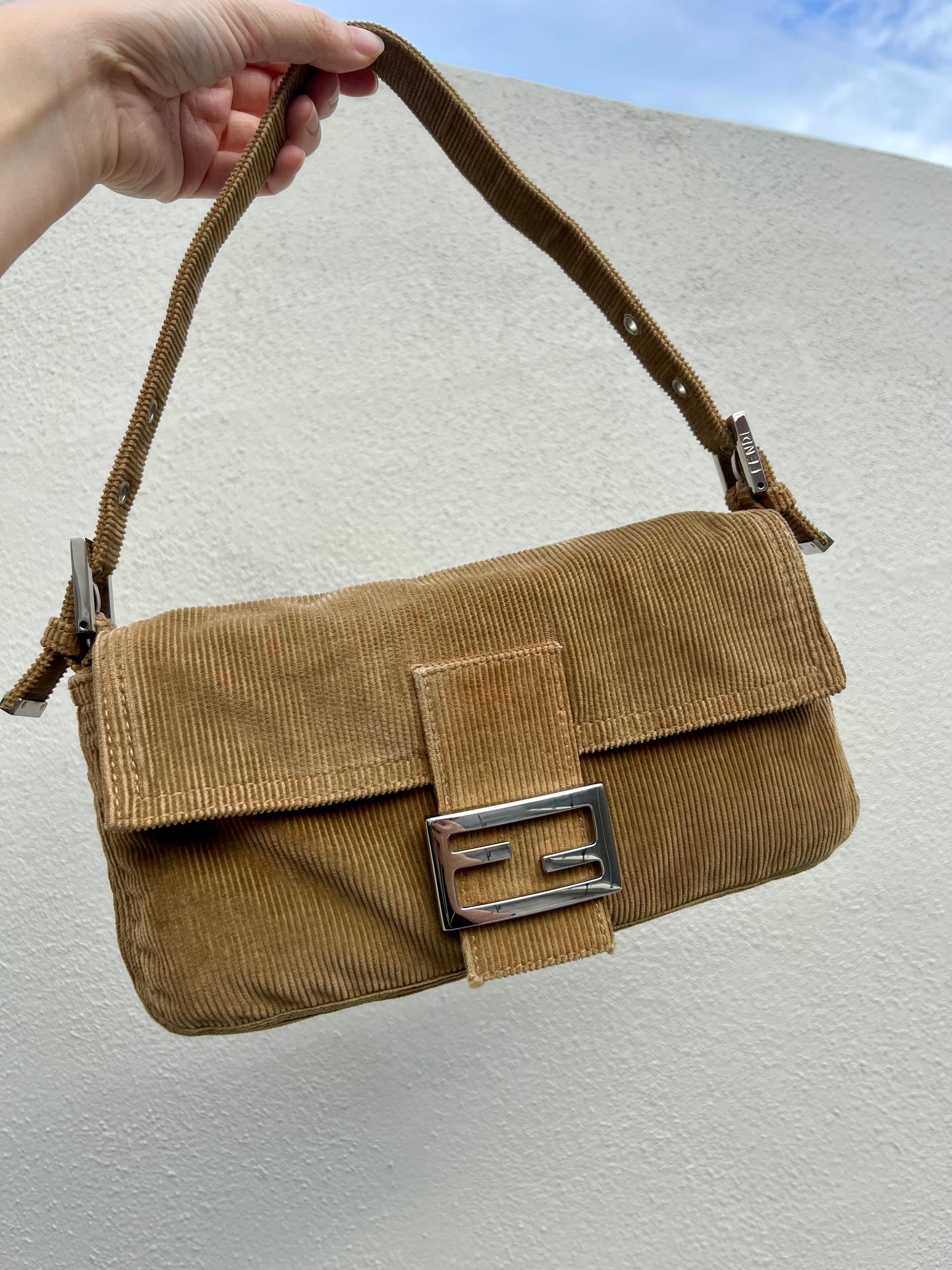 Pre-loved Fendi Camel-toned corduroy Corduroy Baguette Bag