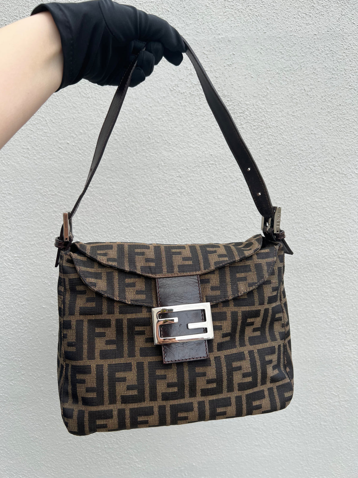Pre-loved Fendi Zucca Double Flap Baguette Shoulder Bag