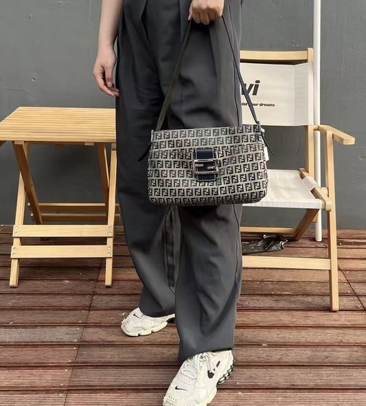 Pre-loved Fendi Monogram FF Mama Forever Baguette Flap Navy Blue