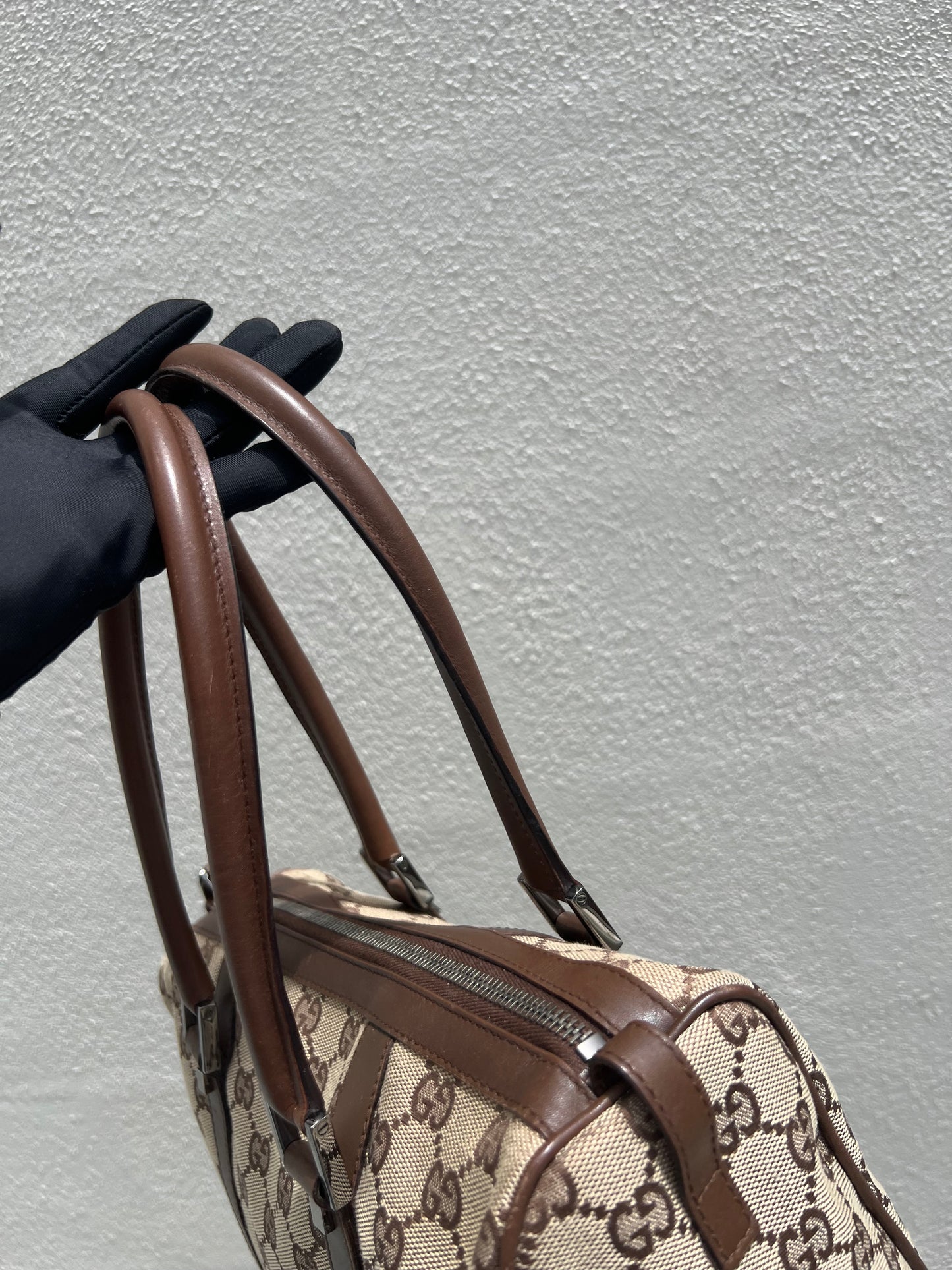 Pre- loved Gucci Beige/Brown GG Canvas and Leather Boston Bag