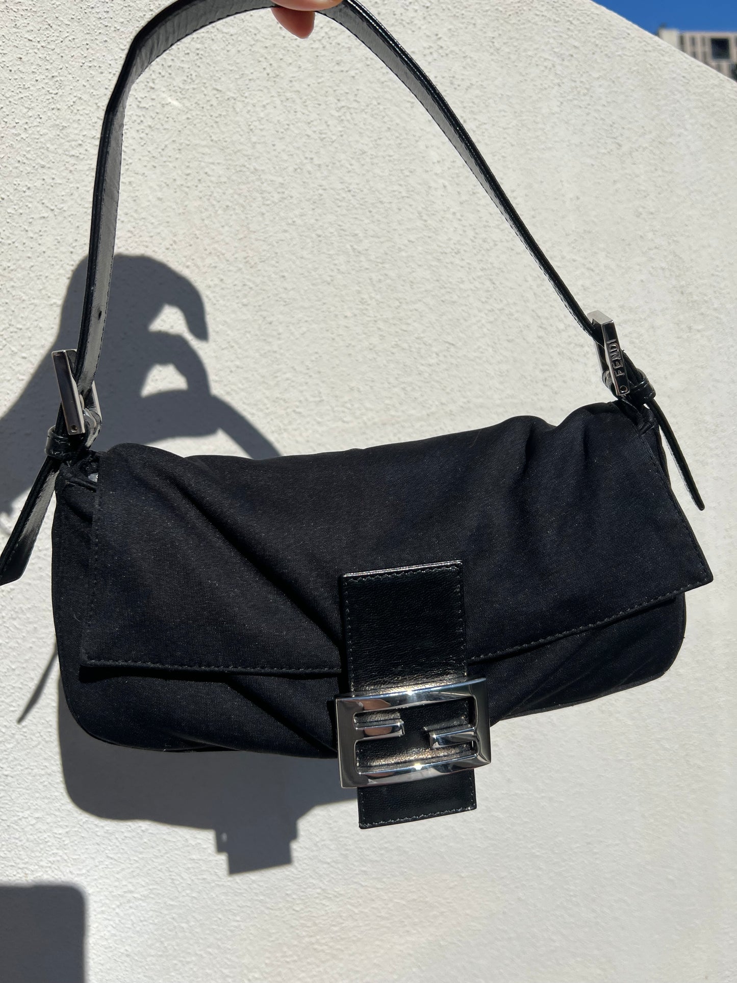 Pre-loved Fendi Vintage Nylon Baguette Shoulder Bag Black