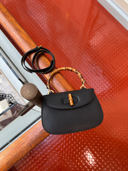 Pre-loved Vintage Gucci Black Leather Bamboo Night 1947 Top Handle Bag 20th Century