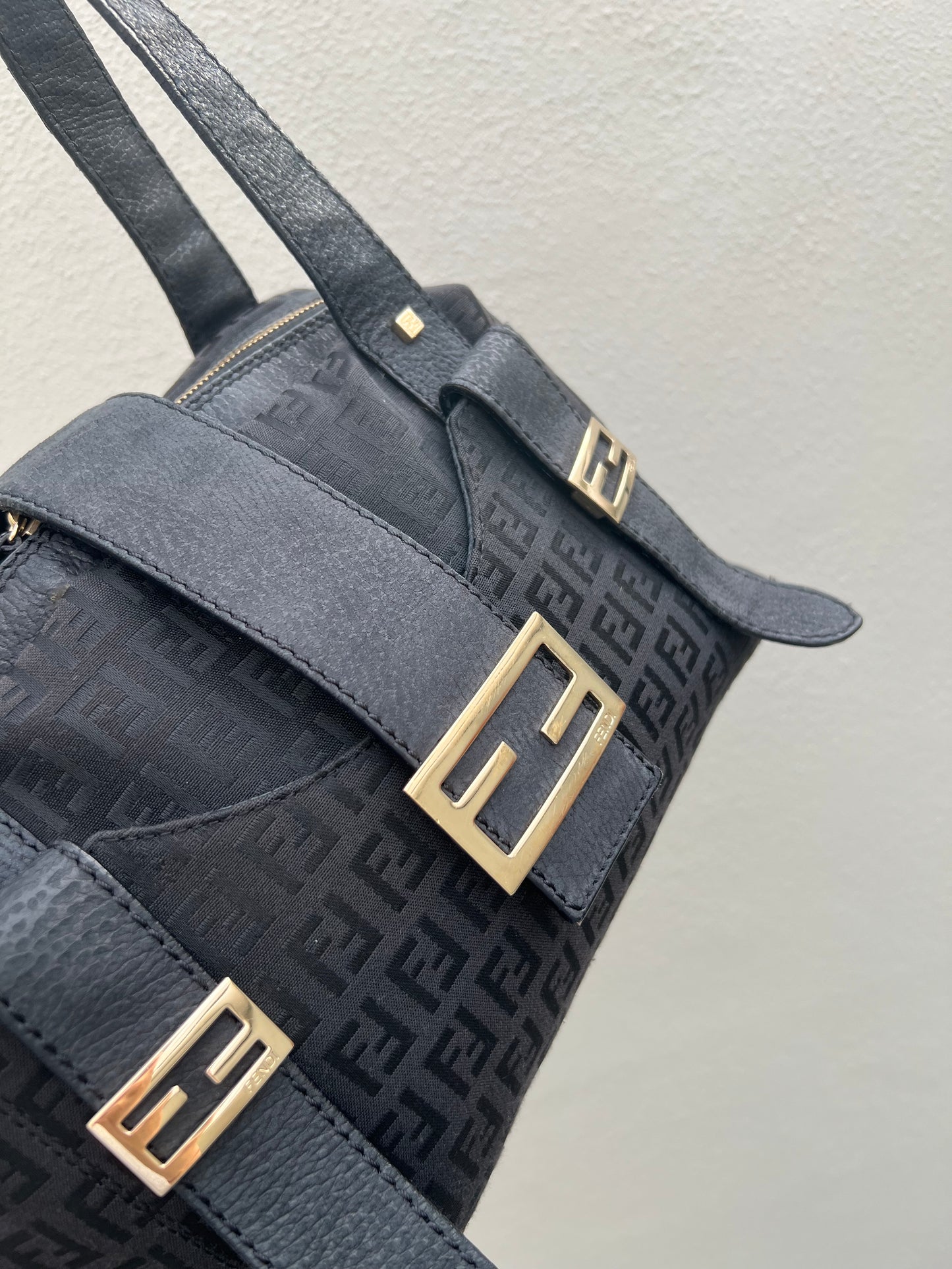 Pre-loved Mulitclasps Black Canvas and Leather Fendi Baguette Shoulder Bag