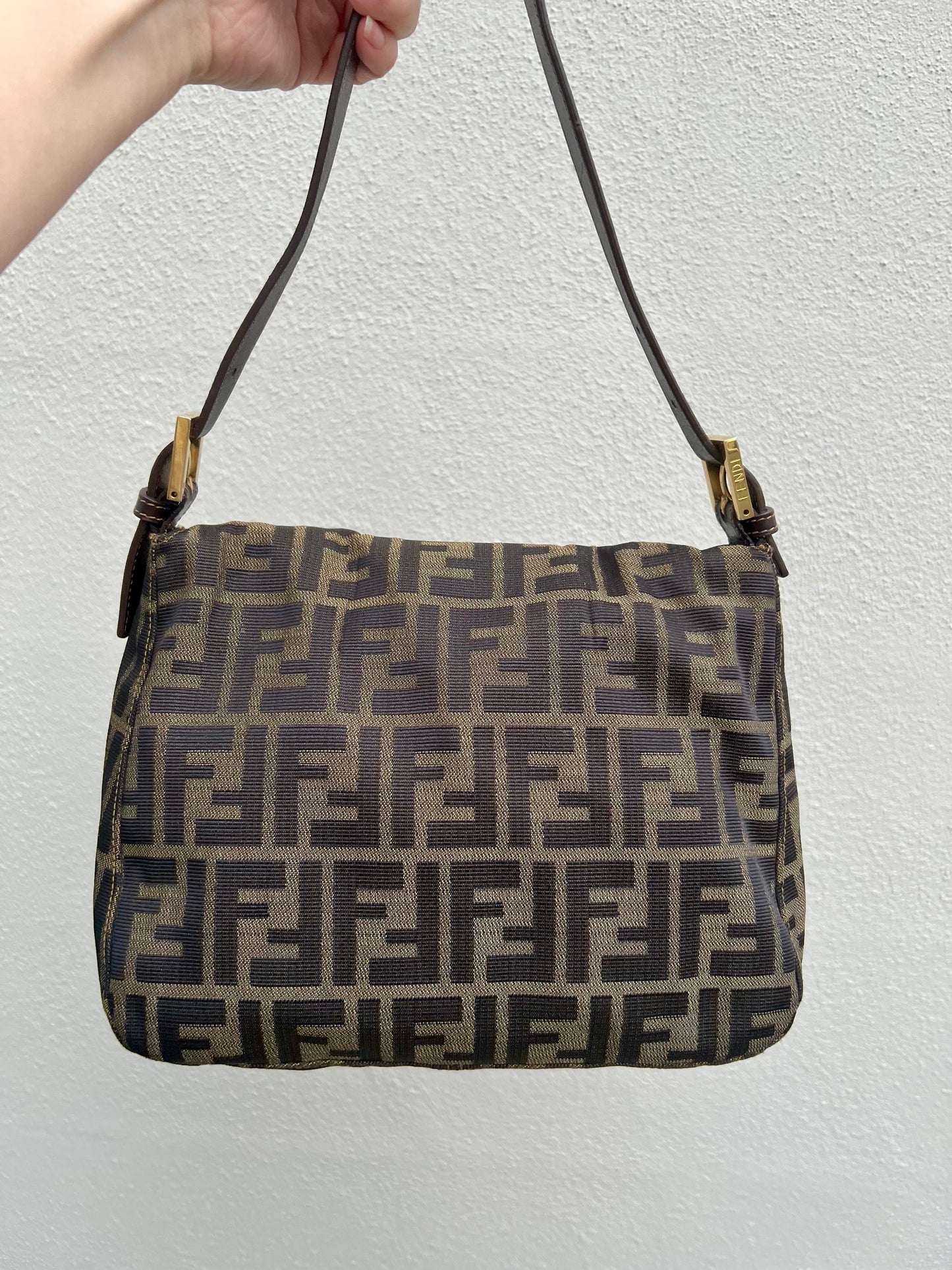 Pre-loved Fendi Zucca Double Flap Baguette Shoulder Bag