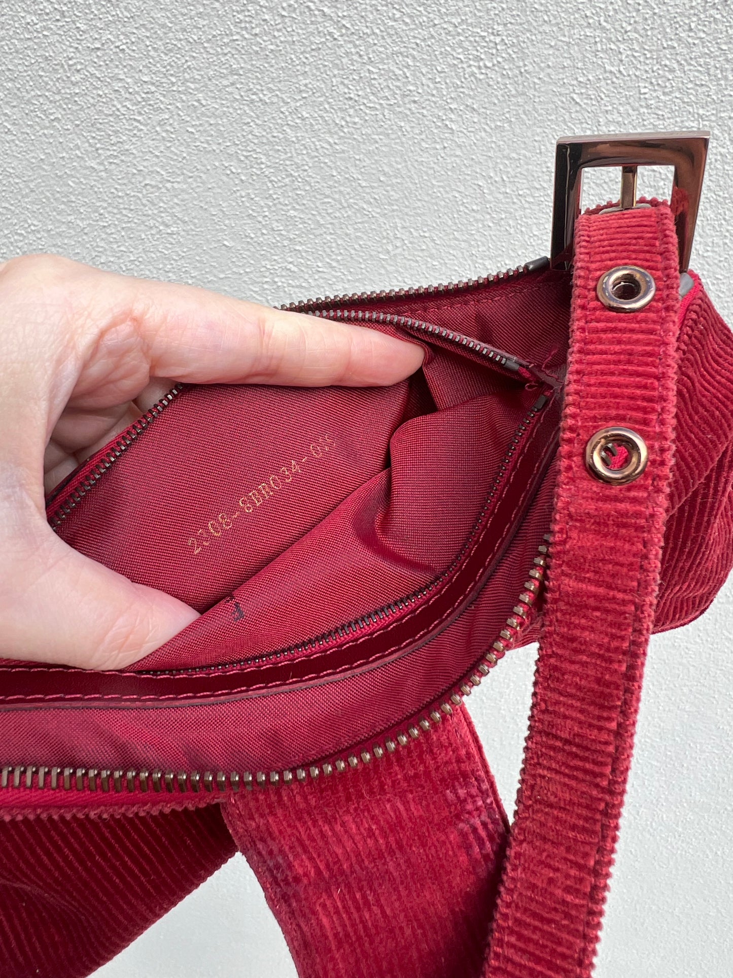 Pre-loved Fendi Red Corduroy Top-zip Baguette Shoulder Bag